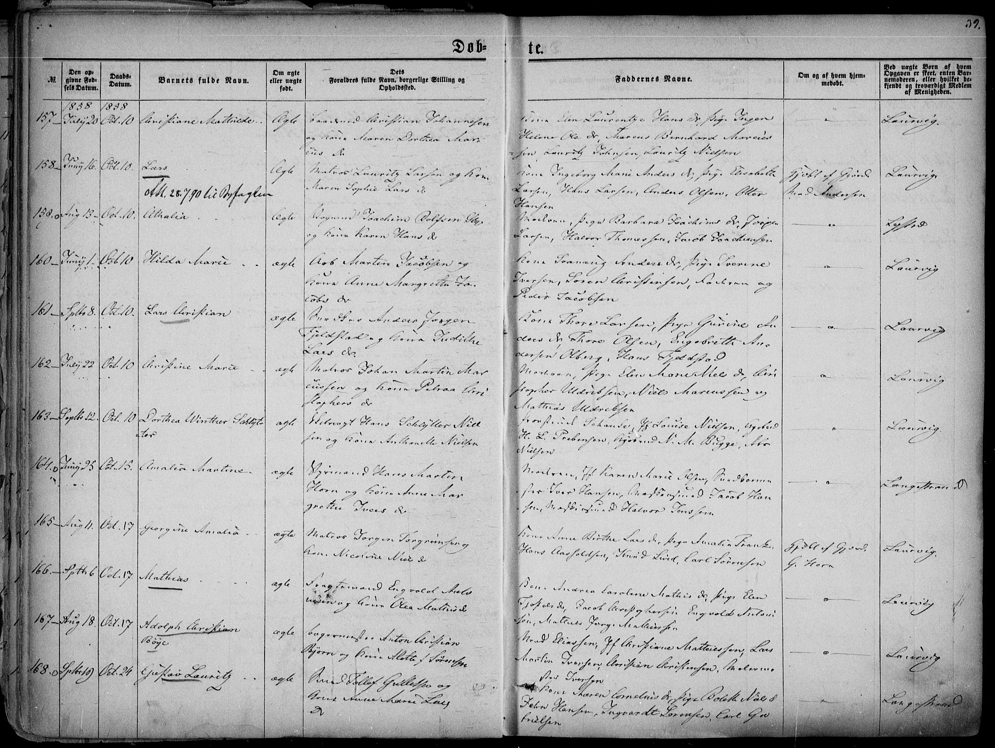 Larvik kirkebøker, AV/SAKO-A-352/F/Fa/L0004: Parish register (official) no. I 4, 1856-1870, p. 39