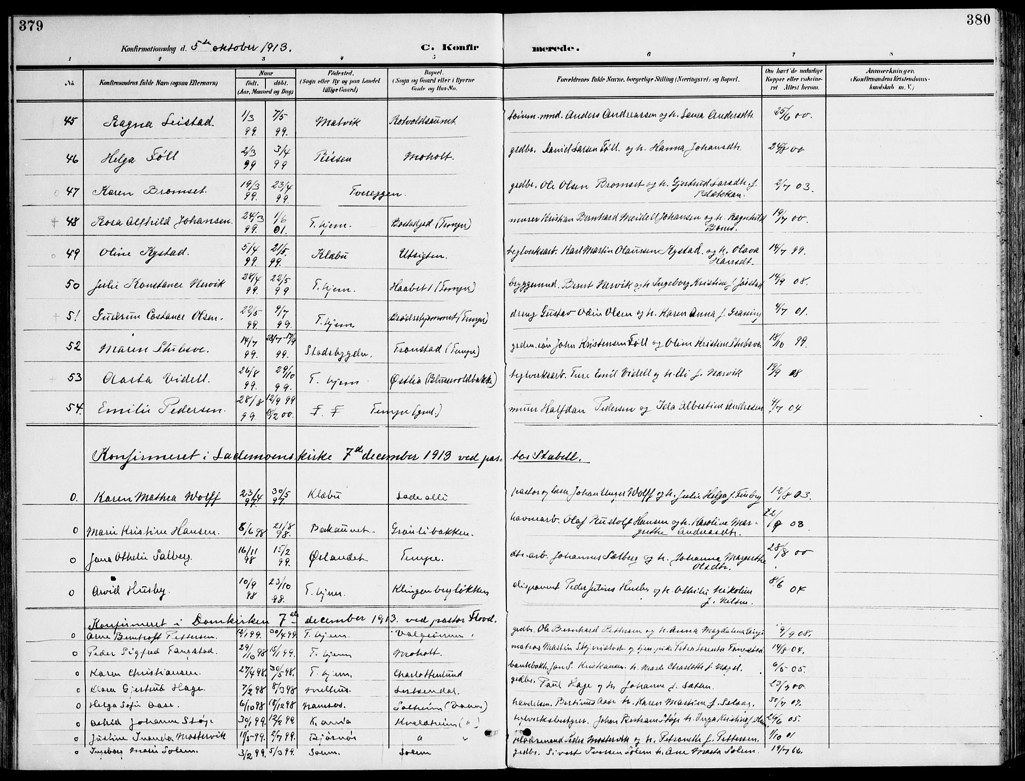 Ministerialprotokoller, klokkerbøker og fødselsregistre - Sør-Trøndelag, AV/SAT-A-1456/607/L0320: Parish register (official) no. 607A04, 1907-1915, p. 379-380