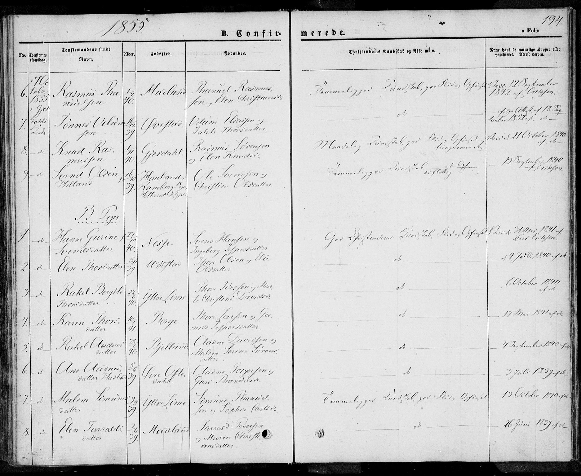 Lye sokneprestkontor, SAST/A-101794/001/30BA/L0005: Parish register (official) no. A 5.1, 1842-1855, p. 194