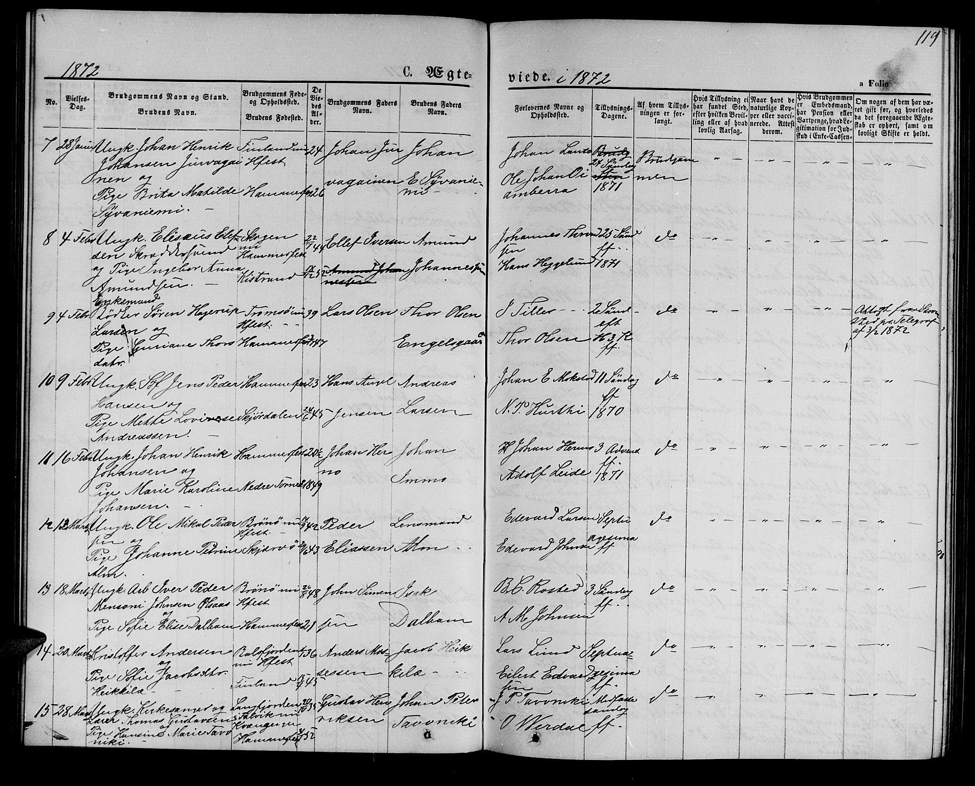 Hammerfest sokneprestkontor, SATØ/S-1347/H/Hb/L0004.klokk: Parish register (copy) no. 4, 1869-1877, p. 119