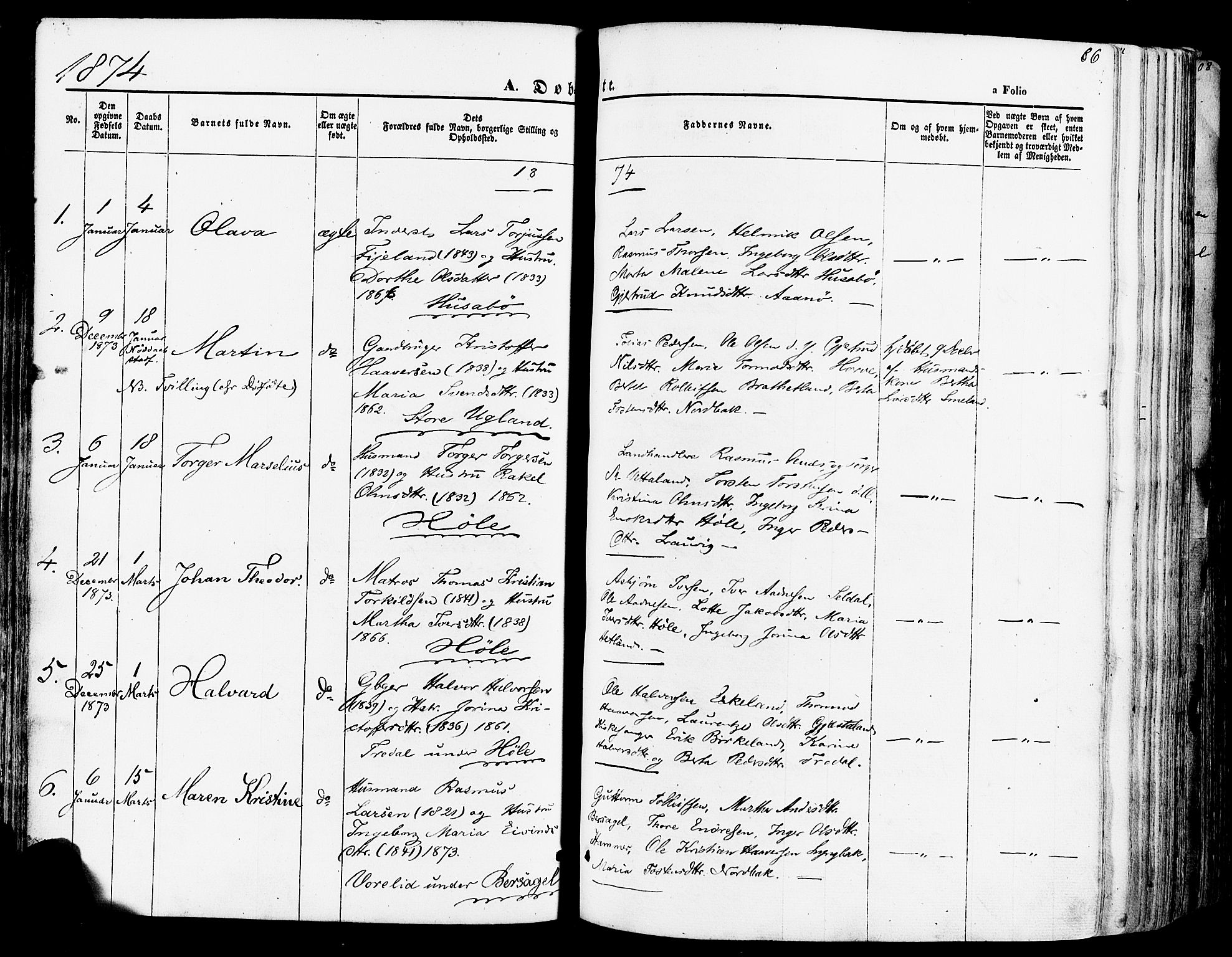 Høgsfjord sokneprestkontor, SAST/A-101624/H/Ha/Haa/L0002: Parish register (official) no. A 2, 1855-1885, p. 86