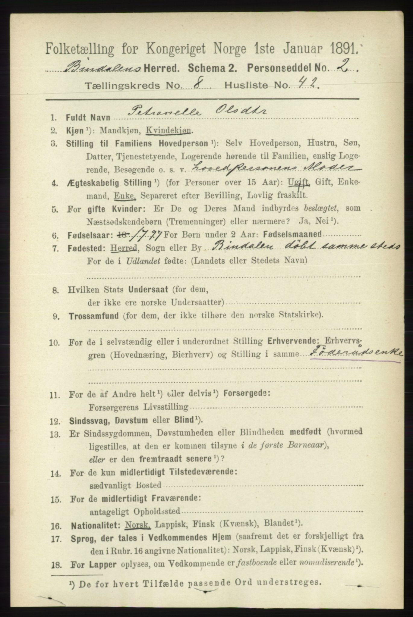 RA, 1891 census for 1811 Bindal, 1891, p. 2889