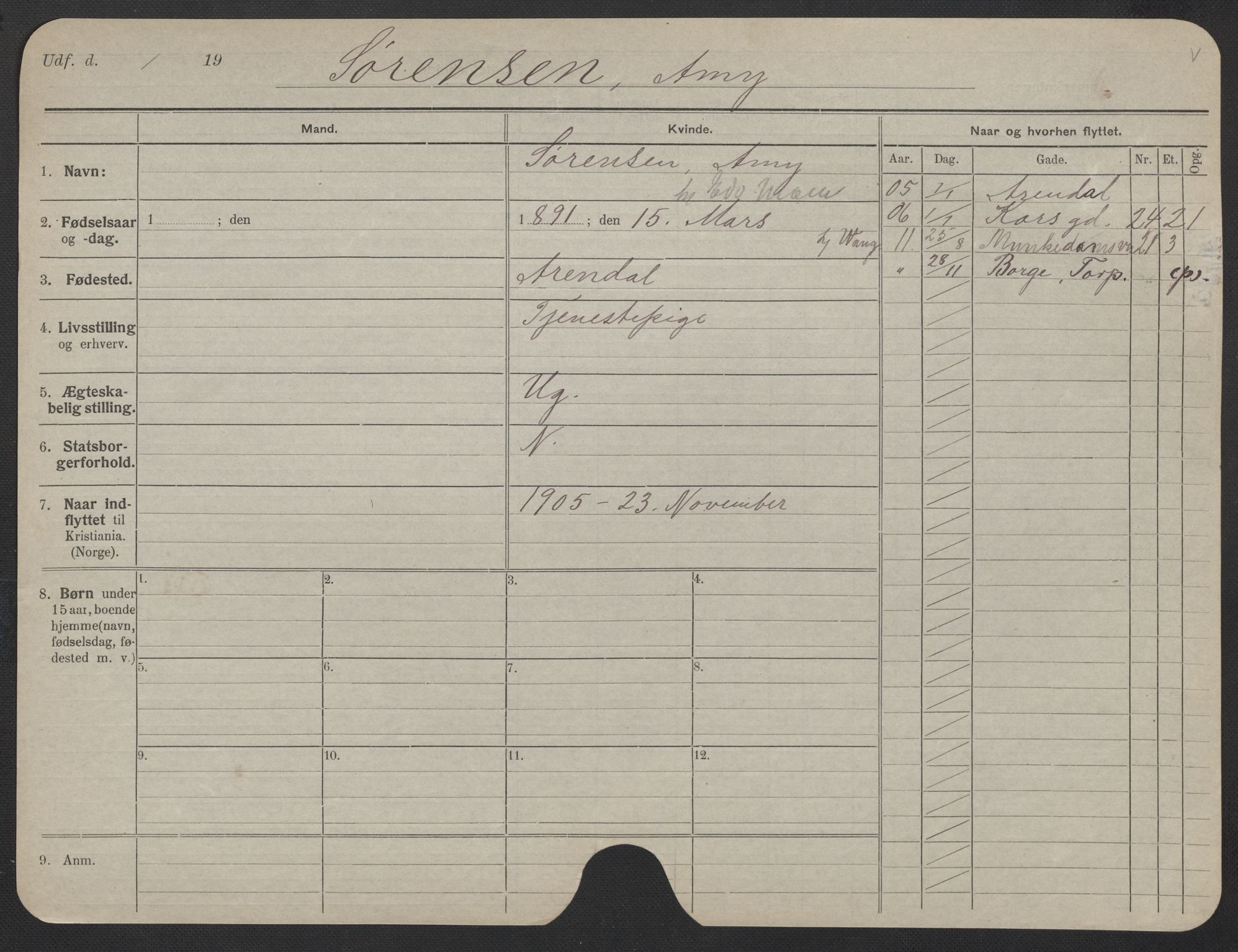 Oslo folkeregister, Registerkort, AV/SAO-A-11715/F/Fa/Fac/L0024: Kvinner, 1906-1914, p. 860a