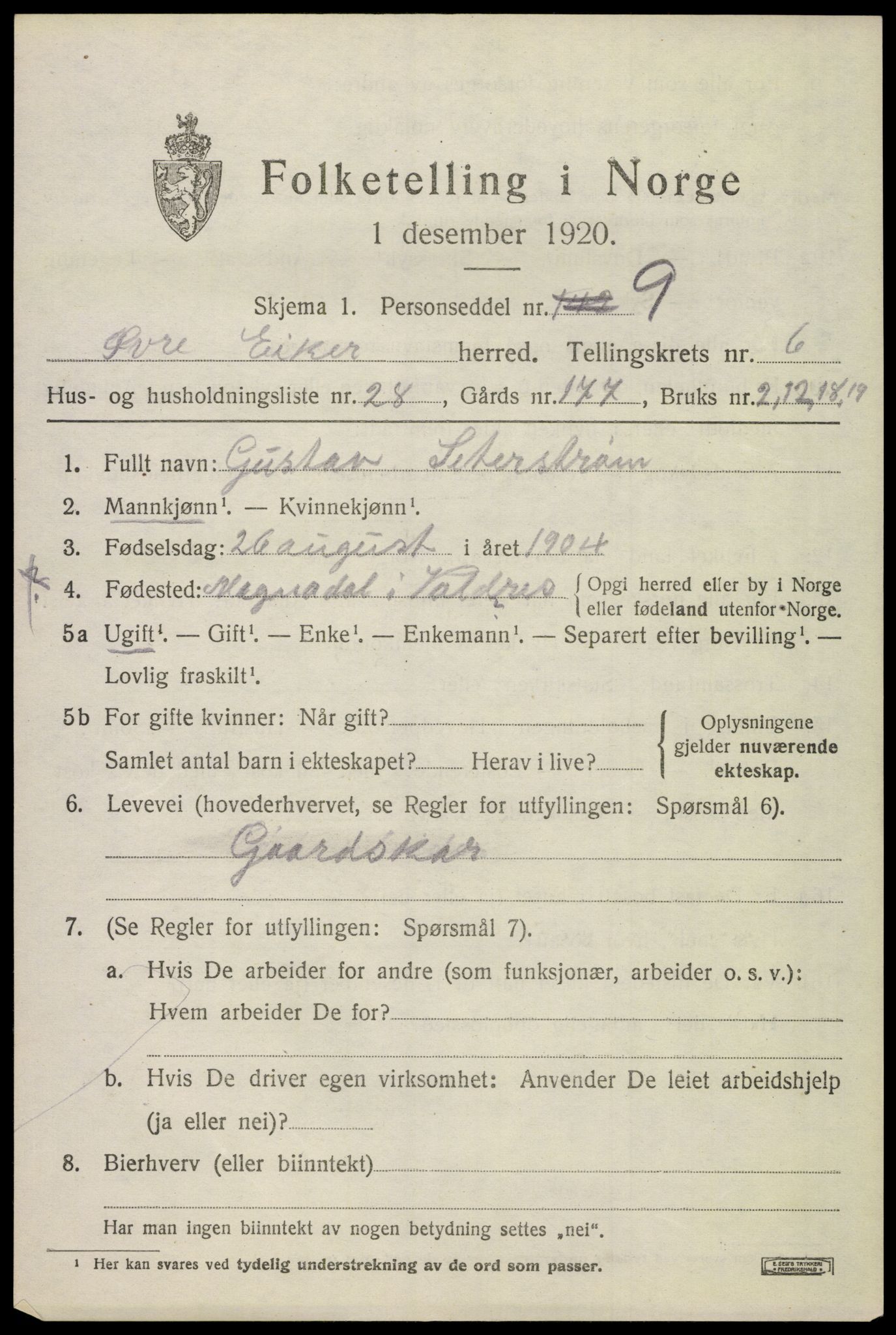 SAKO, 1920 census for Øvre Eiker, 1920, p. 13054