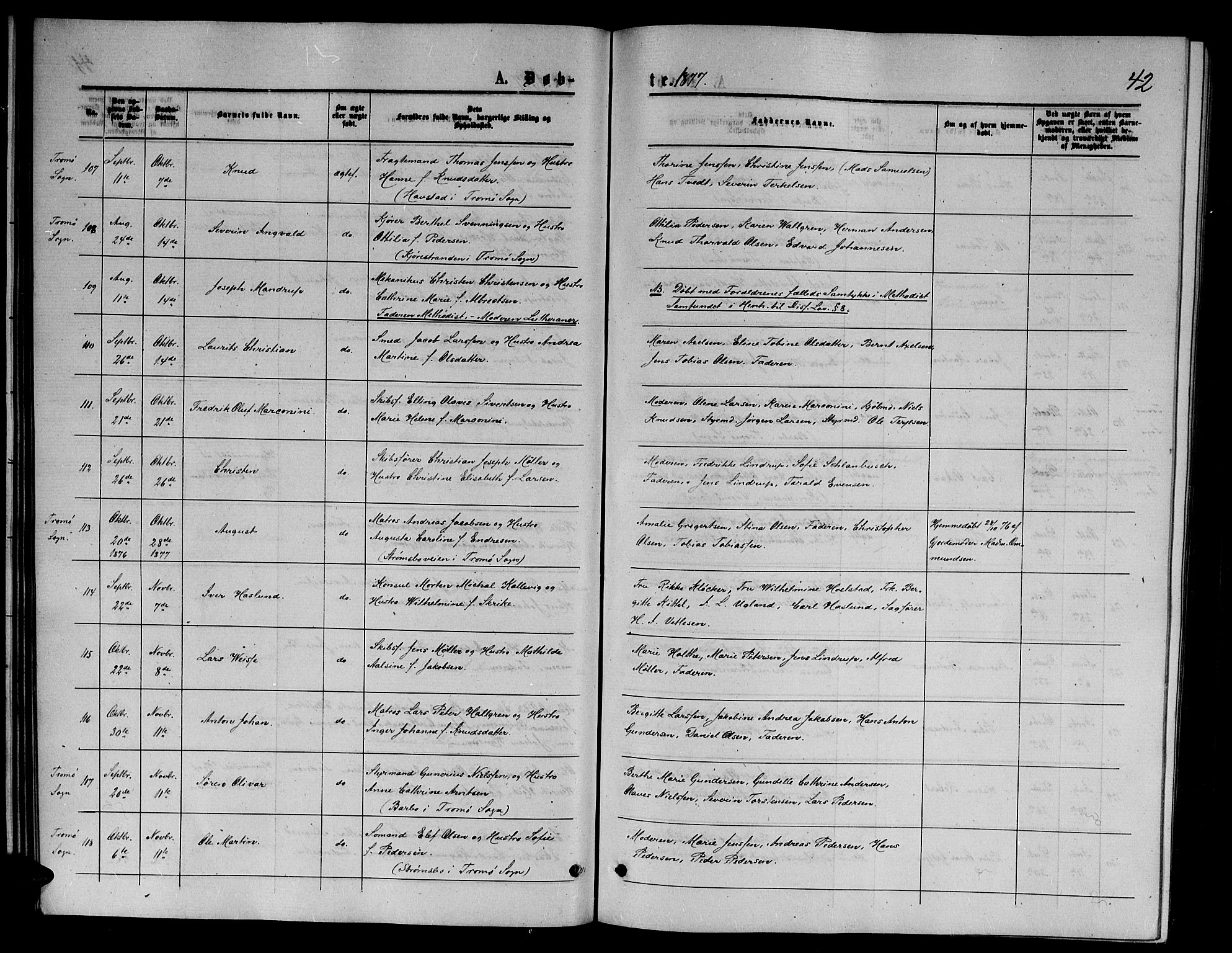 Arendal sokneprestkontor, Trefoldighet, SAK/1111-0040/F/Fb/L0005: Parish register (copy) no. B 5, 1874-1888, p. 42