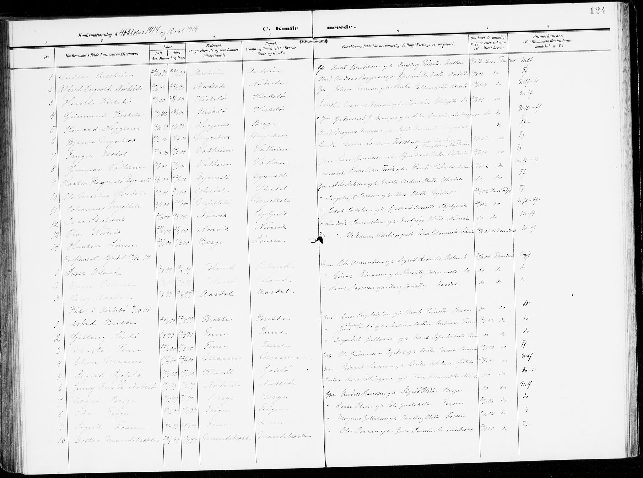 Lavik sokneprestembete, AV/SAB-A-80901: Parish register (official) no. C 2, 1904-1921, p. 124