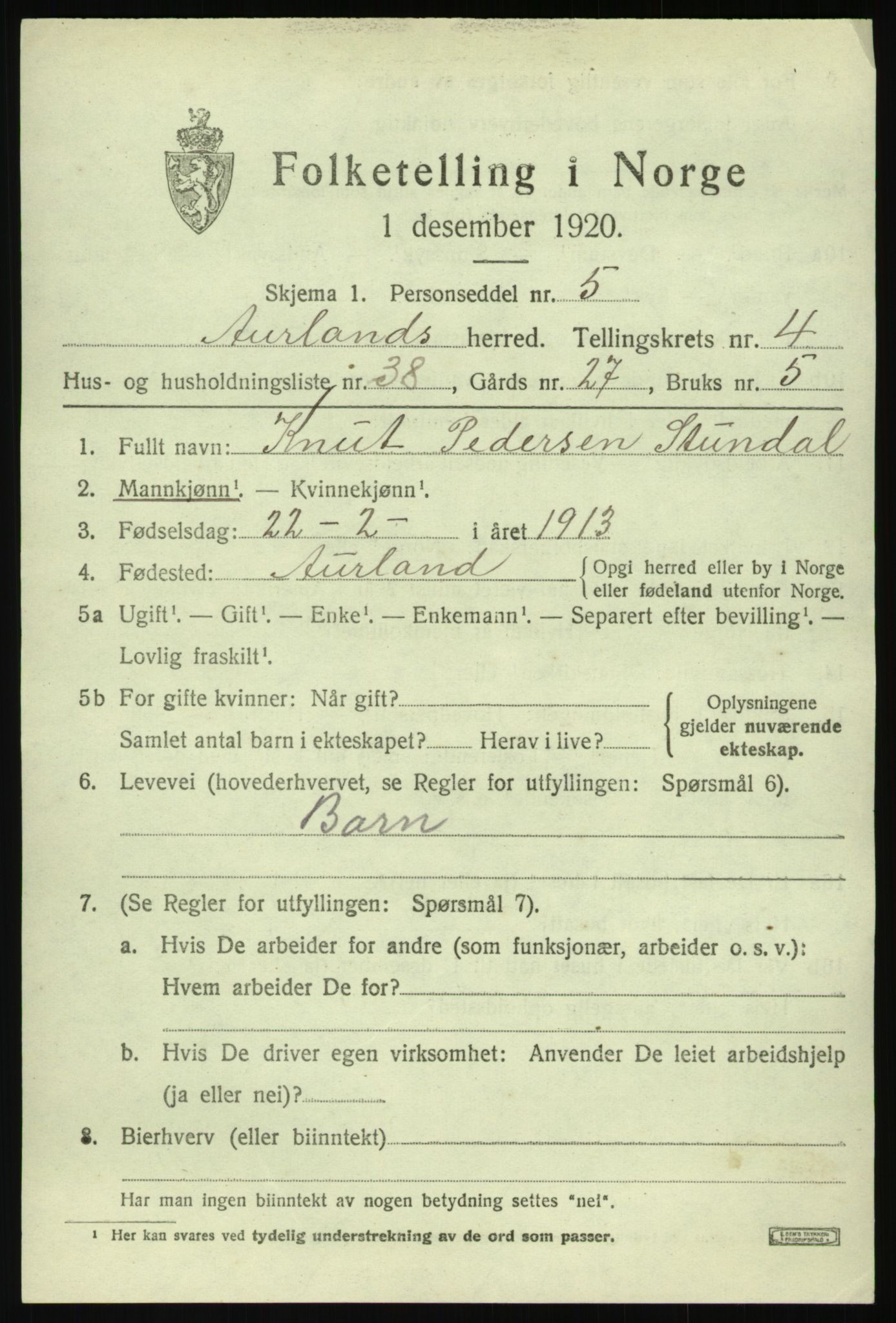 SAB, 1920 census for Aurland, 1920, p. 3036