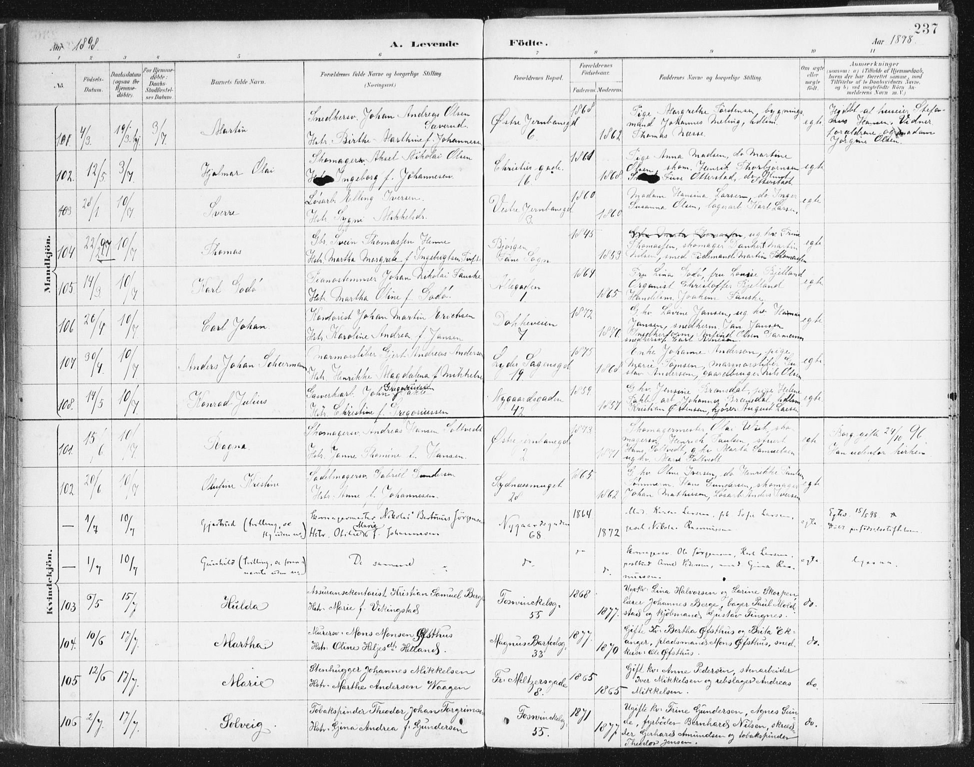 Johanneskirken sokneprestembete, SAB/A-76001/H/Haa/L0001: Parish register (official) no. A 1, 1885-1900, p. 237