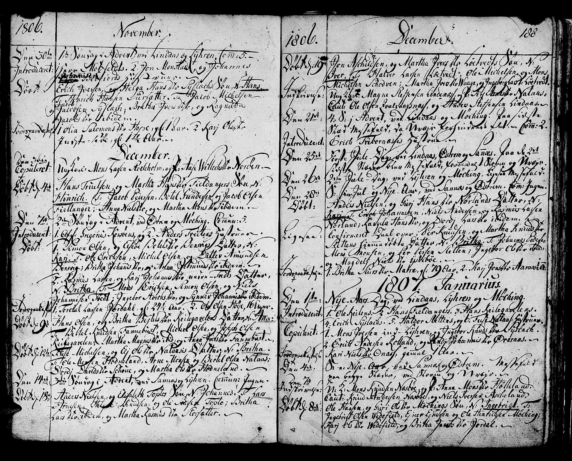 Lindås Sokneprestembete, AV/SAB-A-76701/H/Haa/Haaa/L0005: Parish register (official) no. A 5, 1791-1813, p. 188