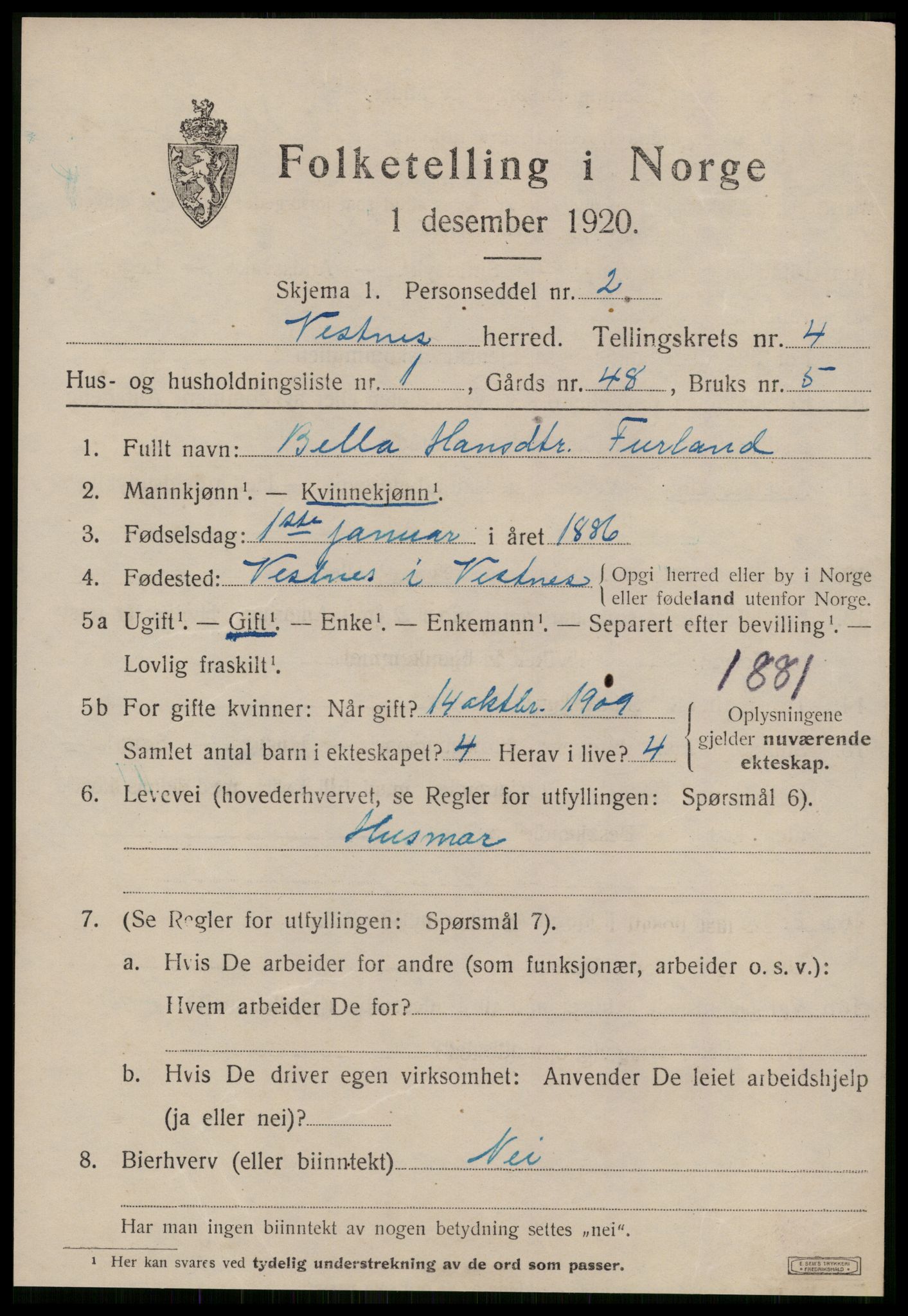 SAT, 1920 census for Vestnes, 1920, p. 3403