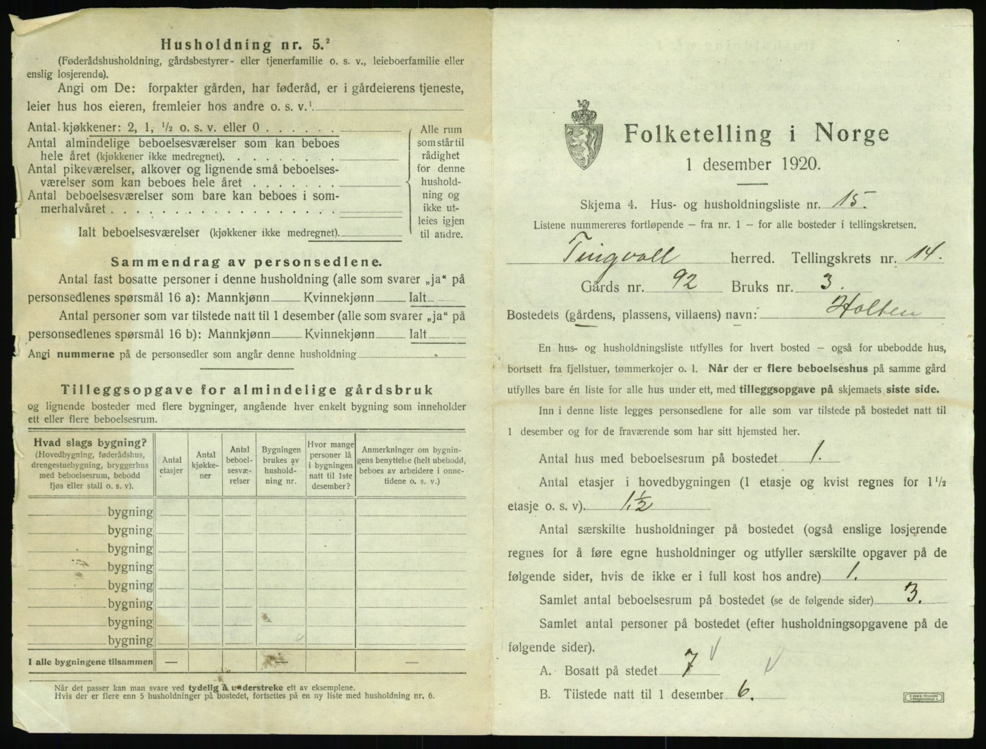 SAT, 1920 census for Tingvoll, 1920, p. 1030