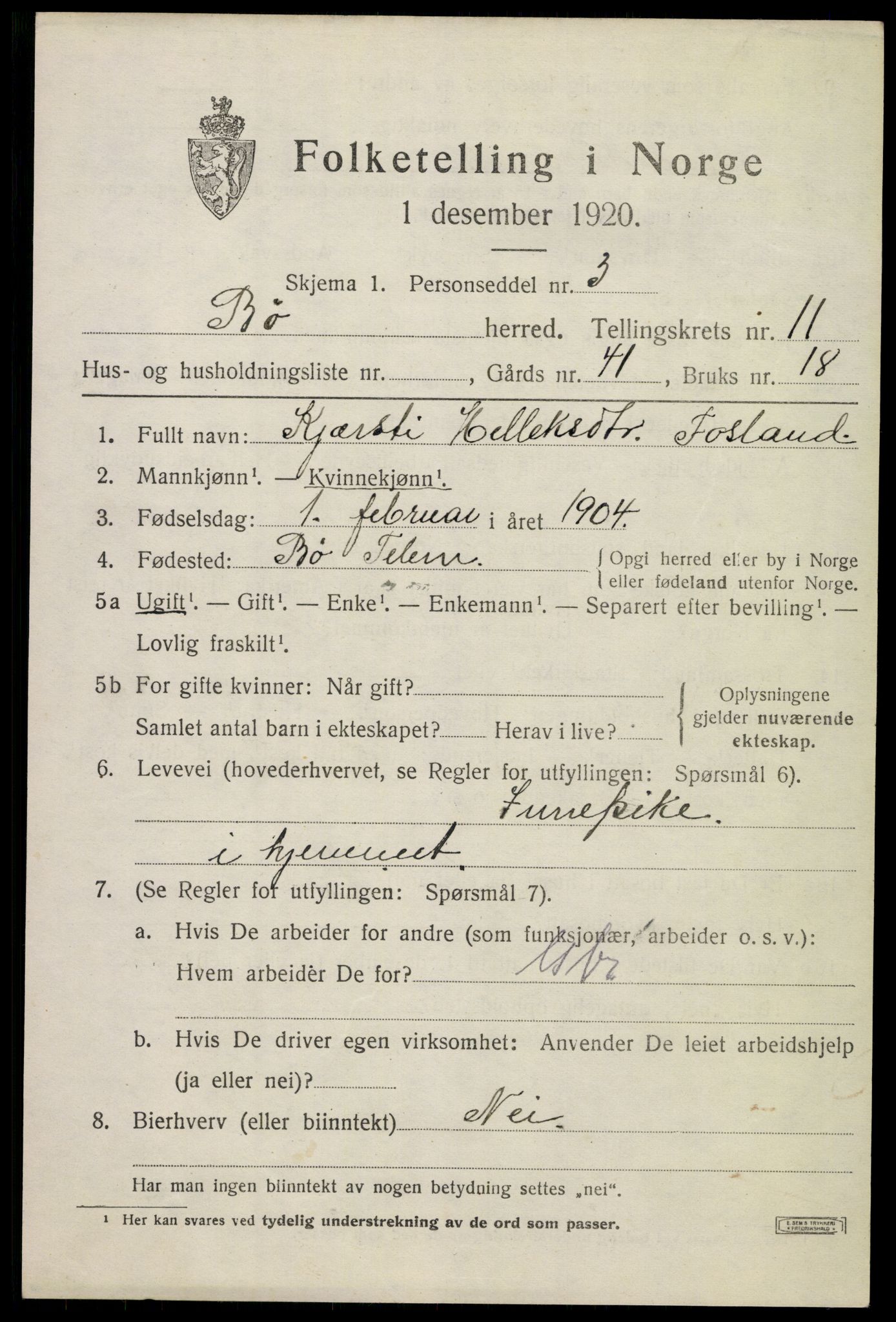 SAKO, 1920 census for Bø (Telemark), 1920, p. 6692