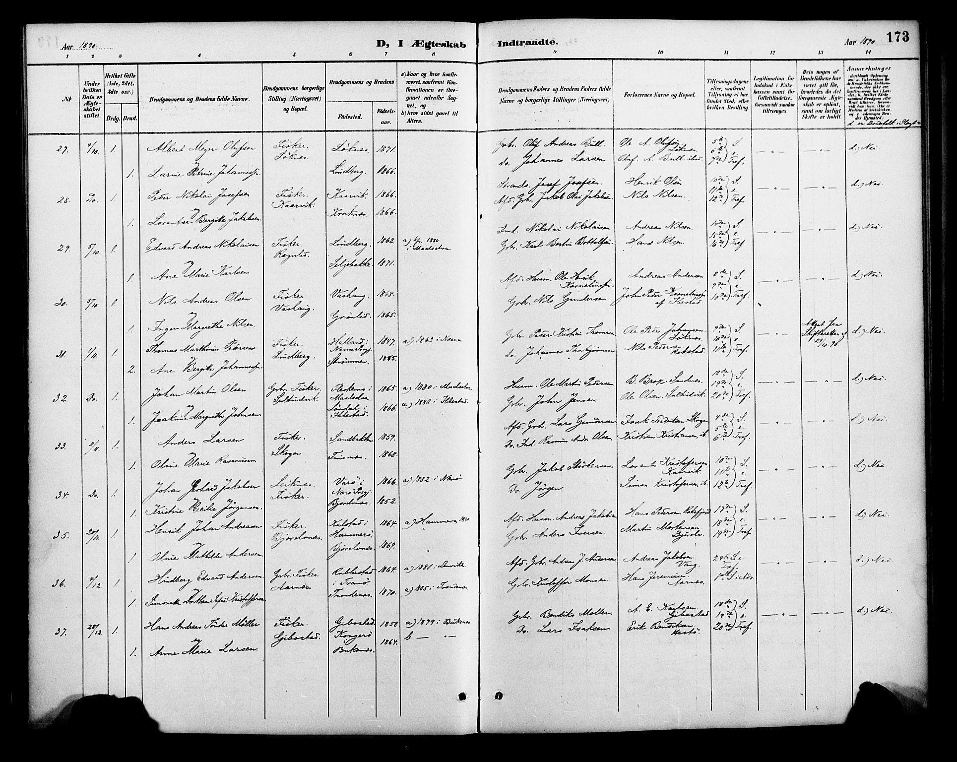 Lenvik sokneprestembete, SATØ/S-1310/H/Ha/Haa/L0013kirke: Parish register (official) no. 13, 1890-1898, p. 173