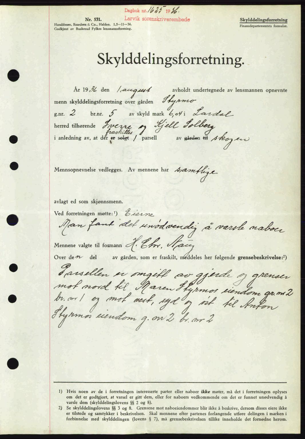 Larvik sorenskriveri, SAKO/A-83/G/Ga/Gab/L0067: Mortgage book no. A-1, 1936-1937, Diary no: : 1625/1936