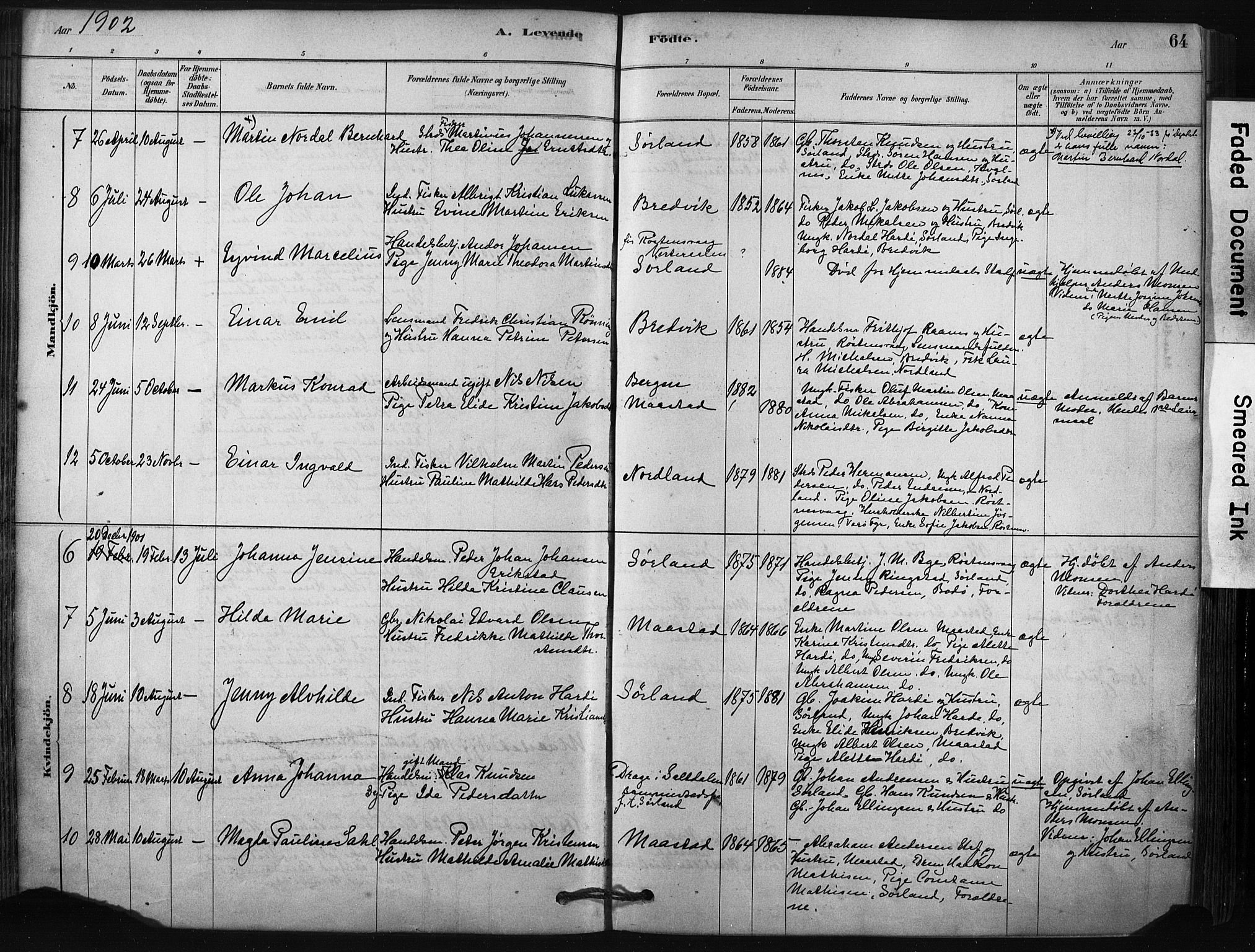 Ministerialprotokoller, klokkerbøker og fødselsregistre - Nordland, AV/SAT-A-1459/807/L0122: Parish register (official) no. 807A05, 1880-1902, p. 64