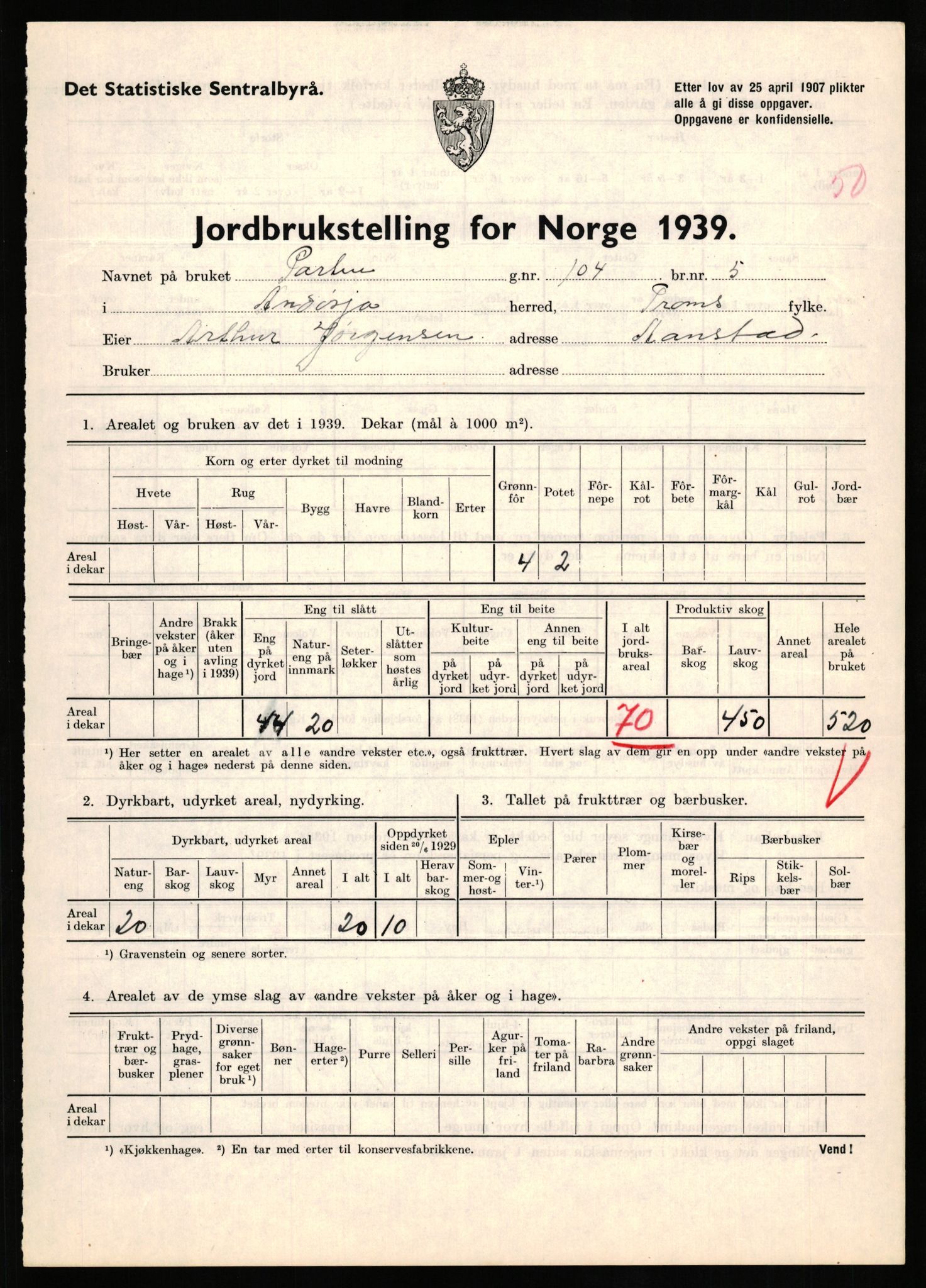 Statistisk sentralbyrå, Næringsøkonomiske emner, Jordbruk, skogbruk, jakt, fiske og fangst, AV/RA-S-2234/G/Gb/L0339: Troms: Andørja, Astafjord og Lavangen, 1939, p. 811