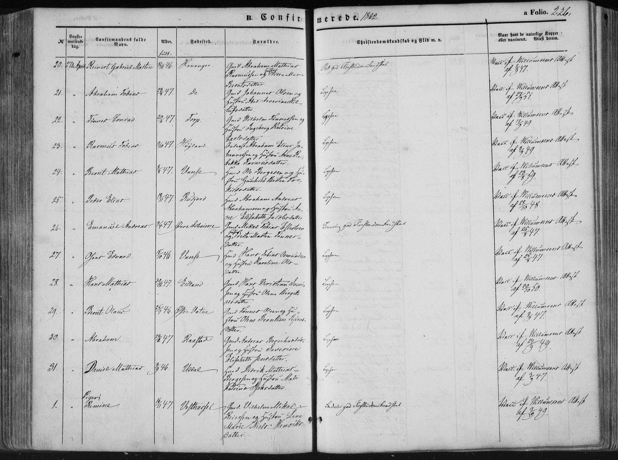 Lista sokneprestkontor, AV/SAK-1111-0027/F/Fa/L0011: Parish register (official) no. A 11, 1861-1878, p. 226