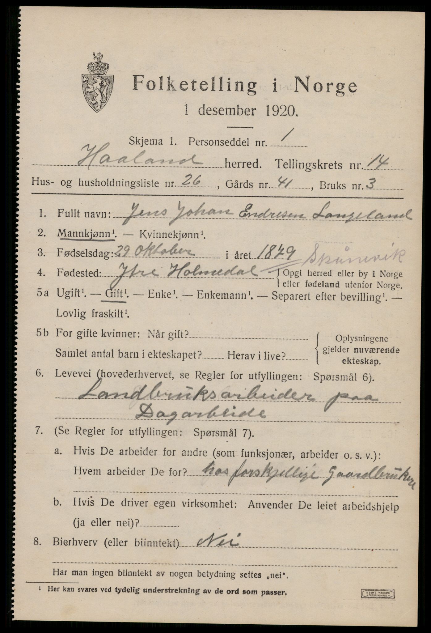 SAST, 1920 census for Håland, 1920, p. 10253