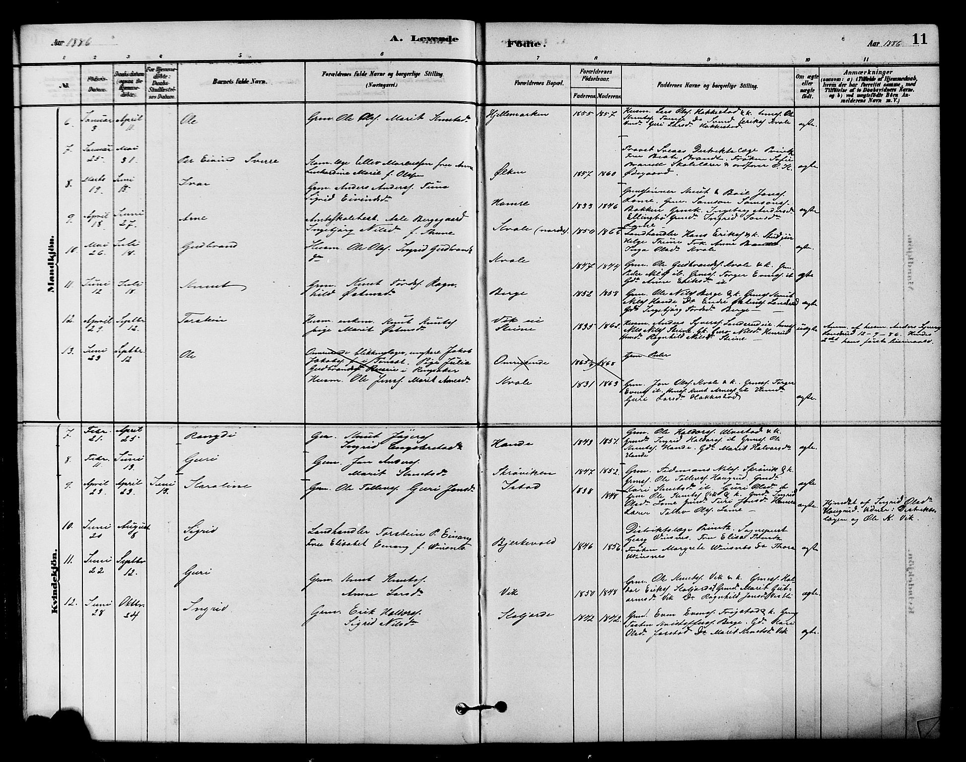 Vestre Slidre prestekontor, SAH/PREST-136/H/Ha/Hab/L0004: Parish register (copy) no. 4, 1881-1912, p. 11