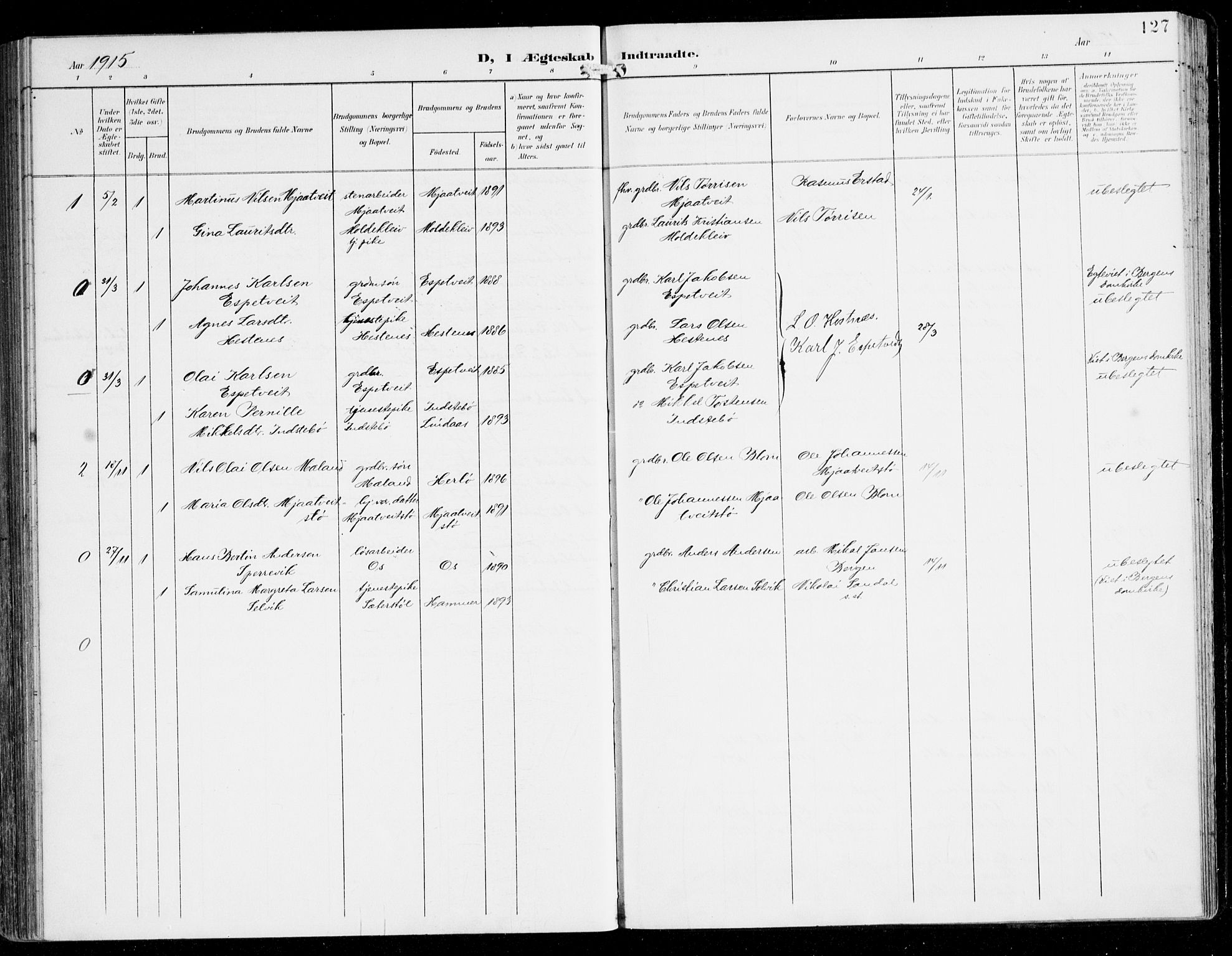 Alversund Sokneprestembete, SAB/A-73901/H/Ha/Haa/Haac/L0002: Parish register (official) no. C 2, 1901-1921, p. 127
