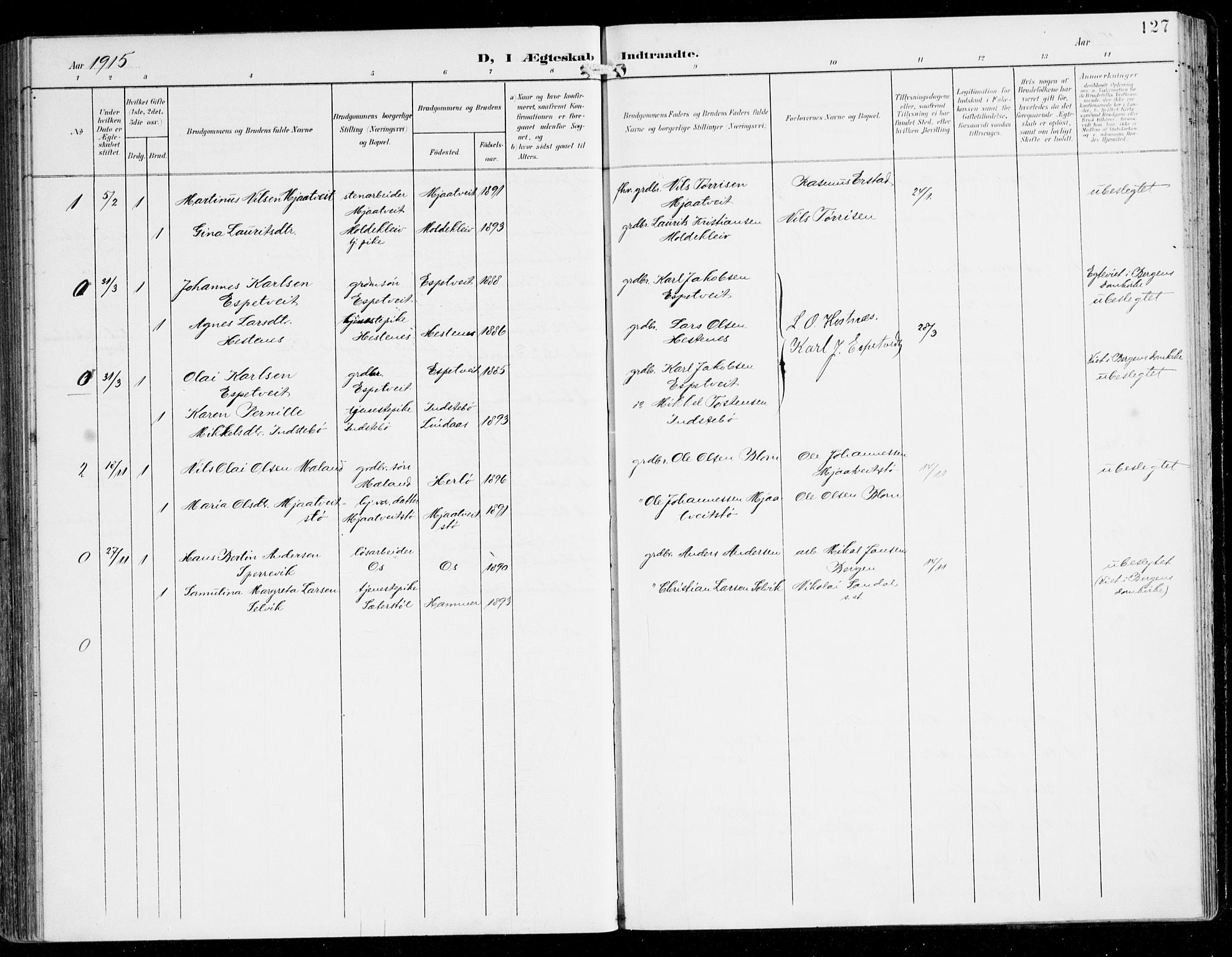 Alversund Sokneprestembete, AV/SAB-A-73901/H/Ha/Haa/Haac/L0002: Parish register (official) no. C 2, 1901-1921, p. 127