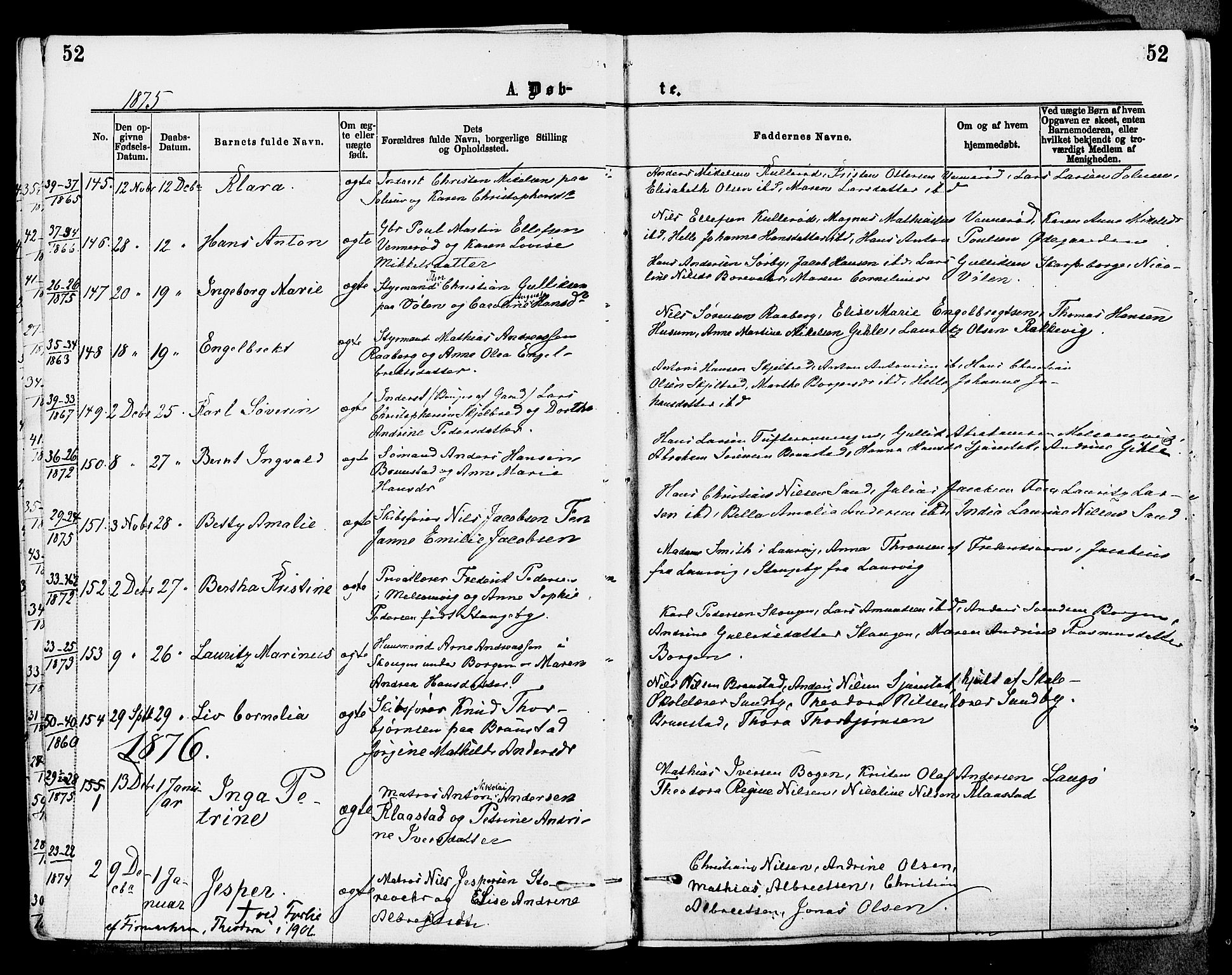 Stokke kirkebøker, AV/SAKO-A-320/F/Fa/L0009: Parish register (official) no. I 9, 1872-1883, p. 52