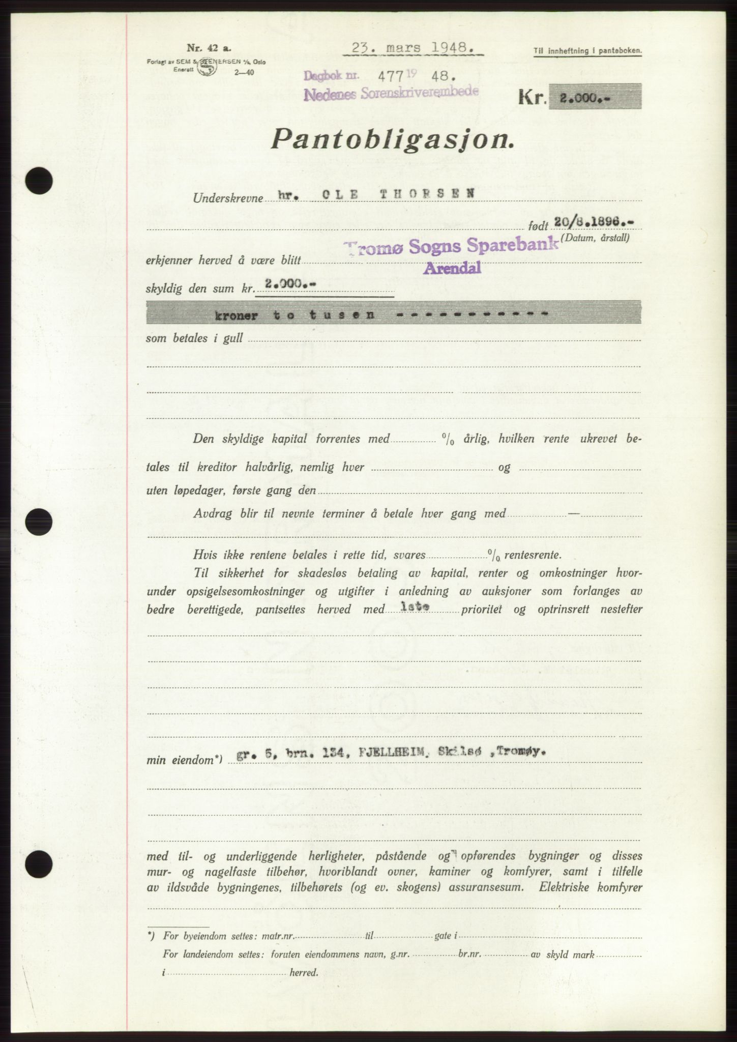 Nedenes sorenskriveri, AV/SAK-1221-0006/G/Gb/Gbb/L0005: Mortgage book no. B5, 1948-1948, Diary no: : 477/1948