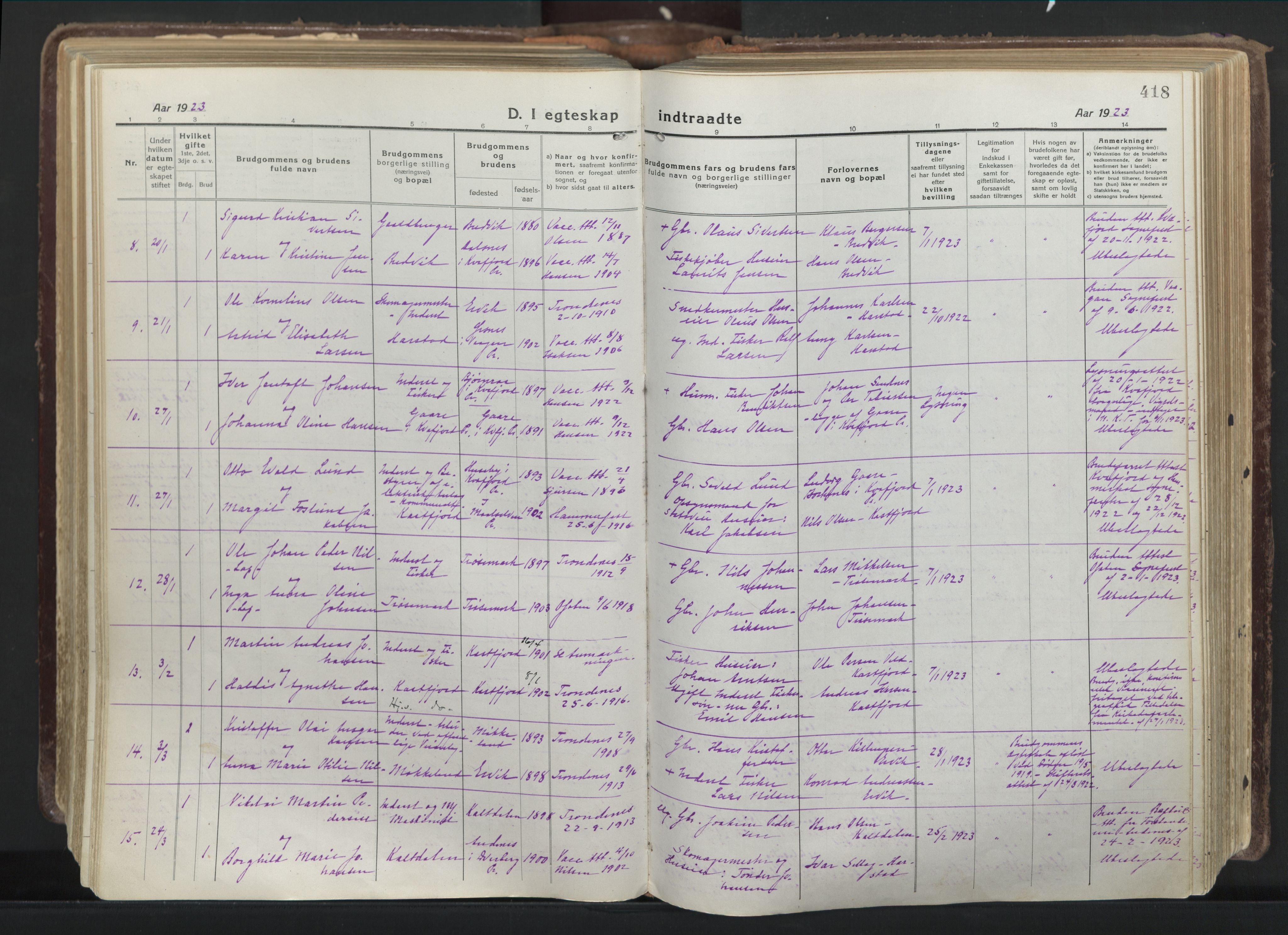 Trondenes sokneprestkontor, AV/SATØ-S-1319/H/Ha/L0019kirke: Parish register (official) no. 19, 1919-1928, p. 418