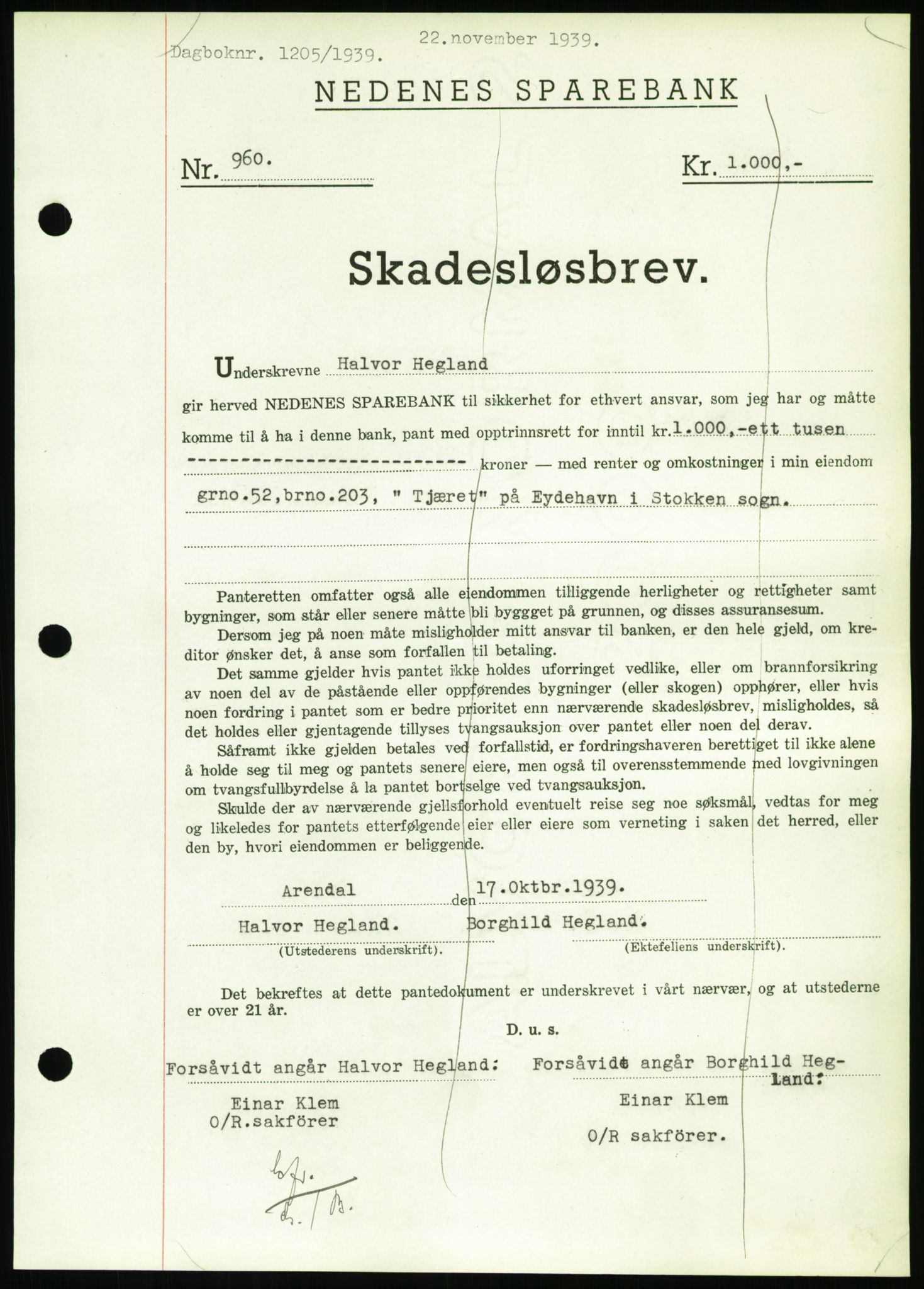 Nedenes sorenskriveri, AV/SAK-1221-0006/G/Gb/Gbb/L0001: Mortgage book no. I, 1939-1942, Diary no: : 1205/1939