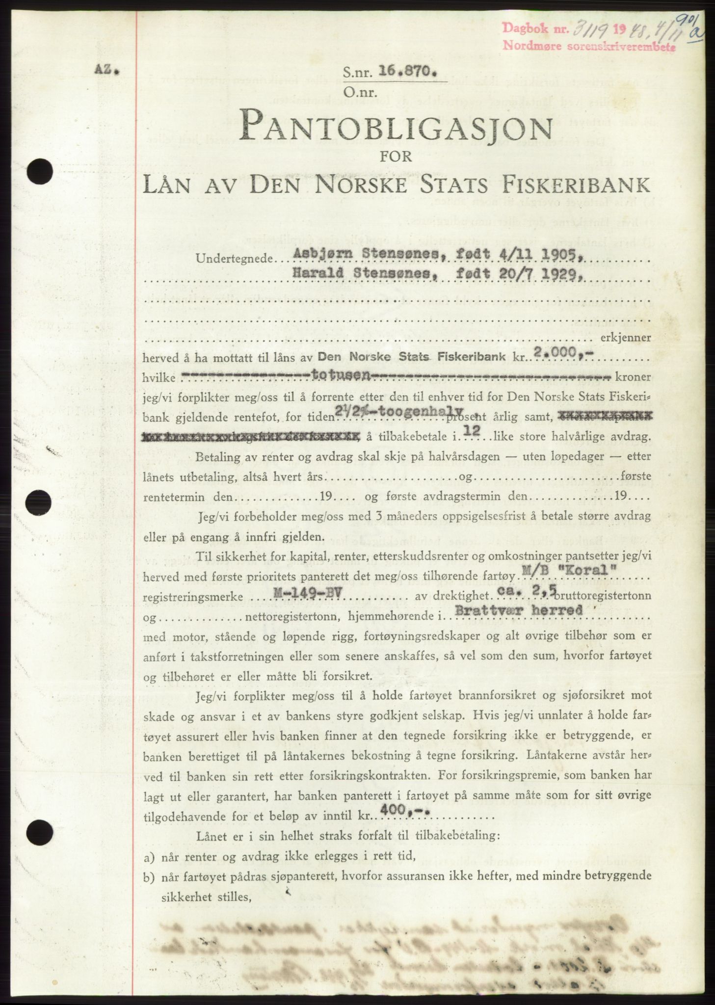 Nordmøre sorenskriveri, AV/SAT-A-4132/1/2/2Ca: Mortgage book no. B99, 1948-1948, Diary no: : 3119/1948