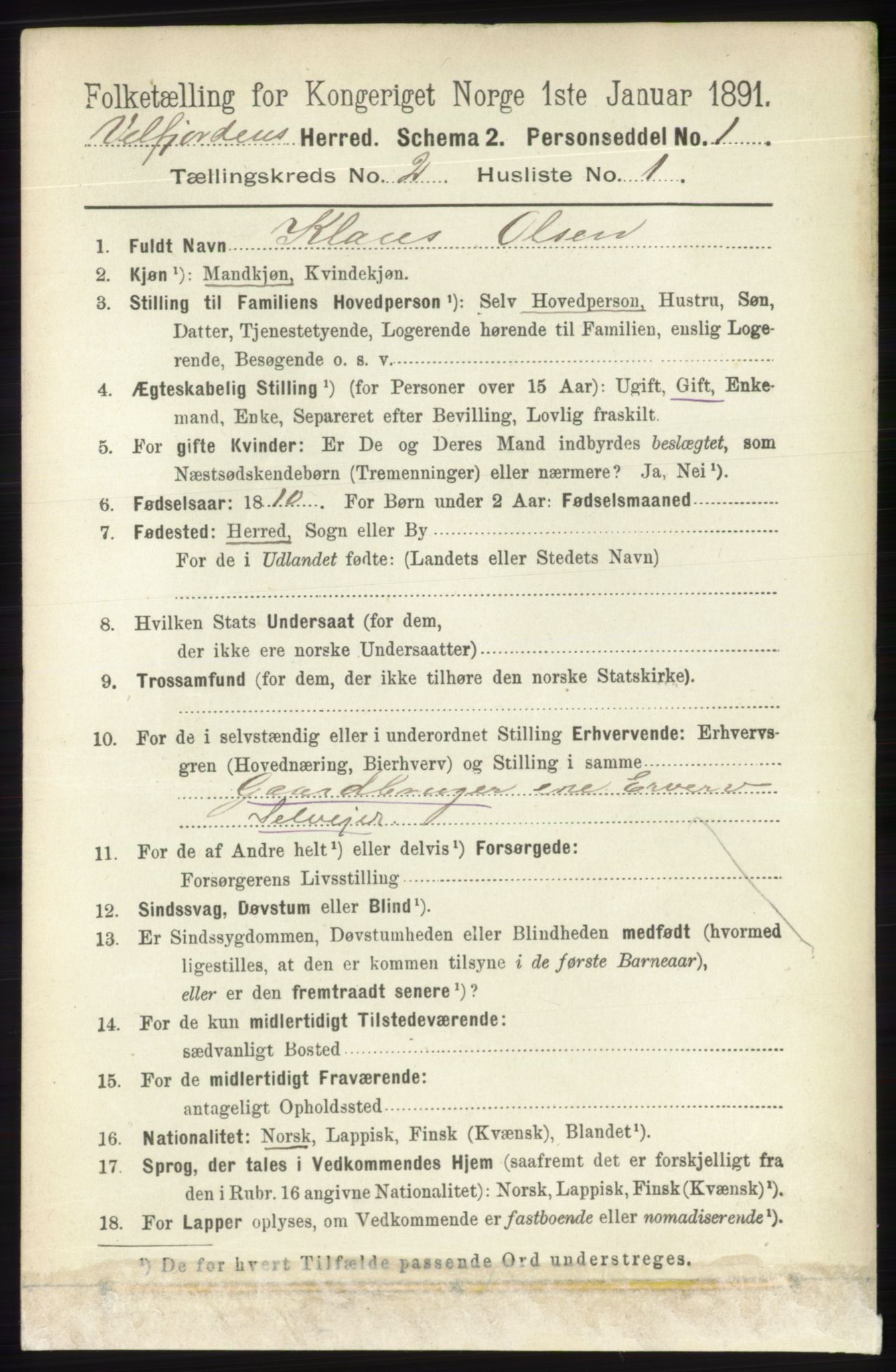 RA, 1891 census for 1813 Velfjord, 1891, p. 548