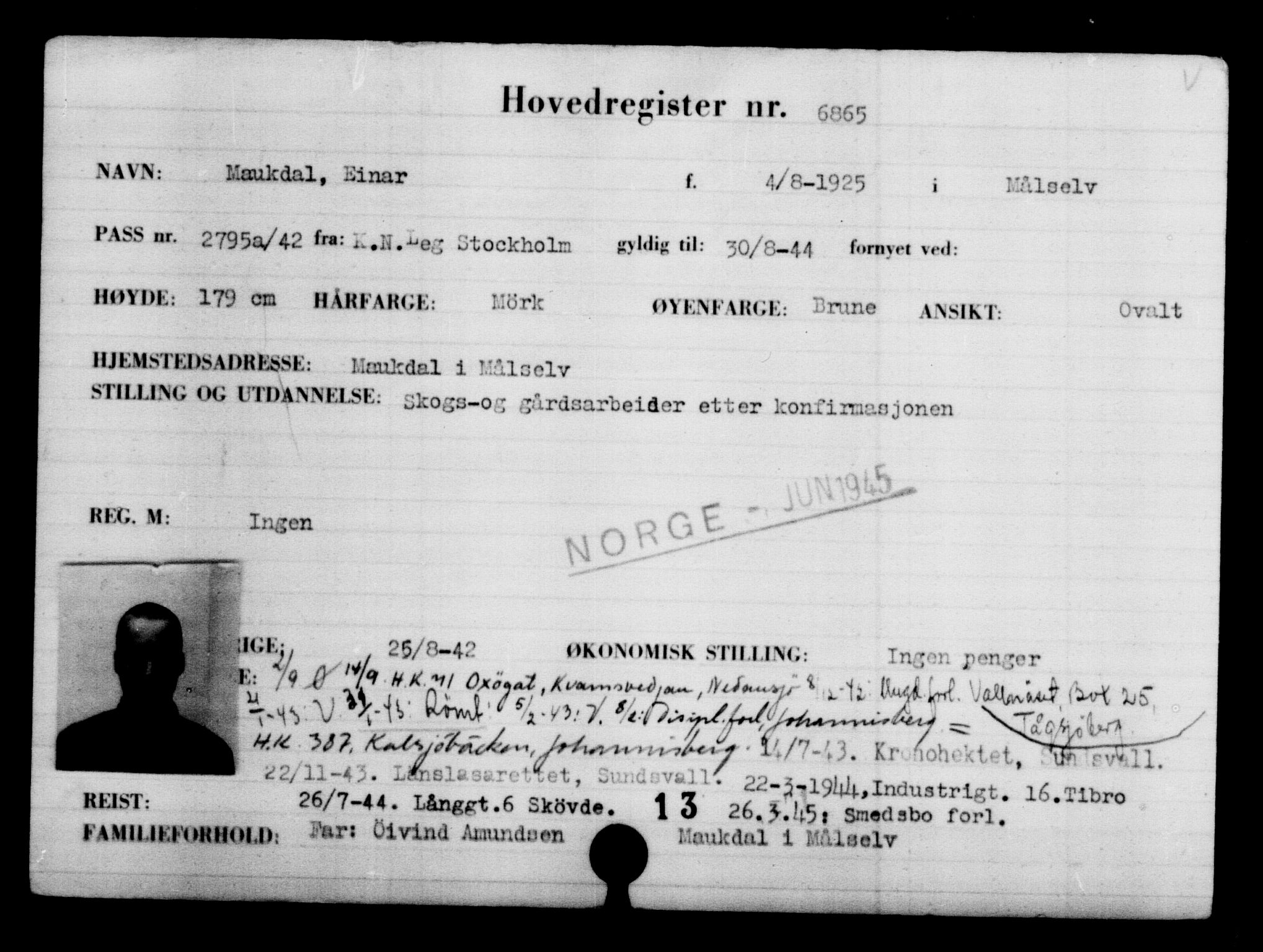 Utenriksstasjonene, Legasjonen i Stockholm, Flyktningkontoret, AV/RA-S-6753/V/Va/L0005: Kjesäterkartoteket, flyktninger med registreringsnr. 6600-9417, 1940-1945, p. 321