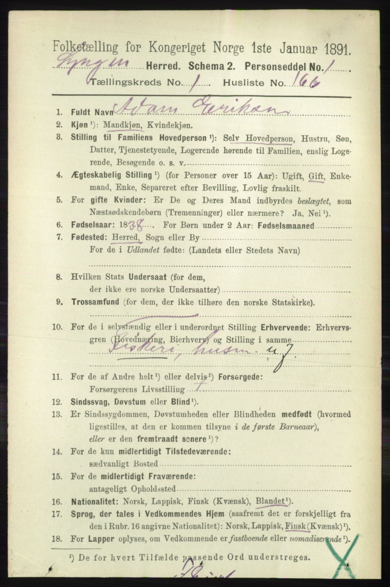 RA, 1891 census for 1938 Lyngen, 1891, p. 1378