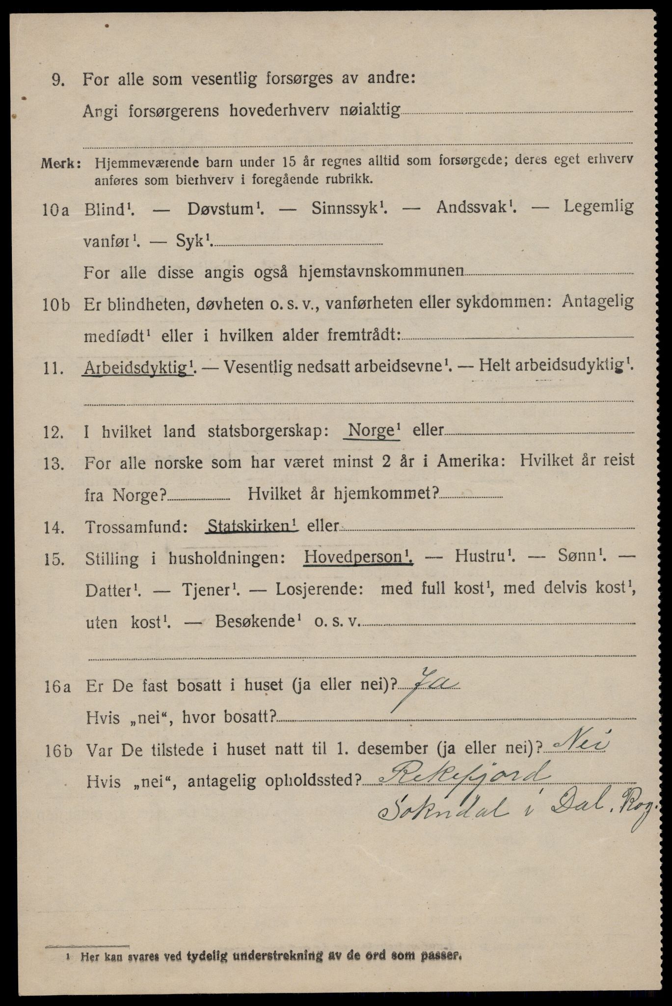 SAST, 1920 census for Sokndal, 1920, p. 6030