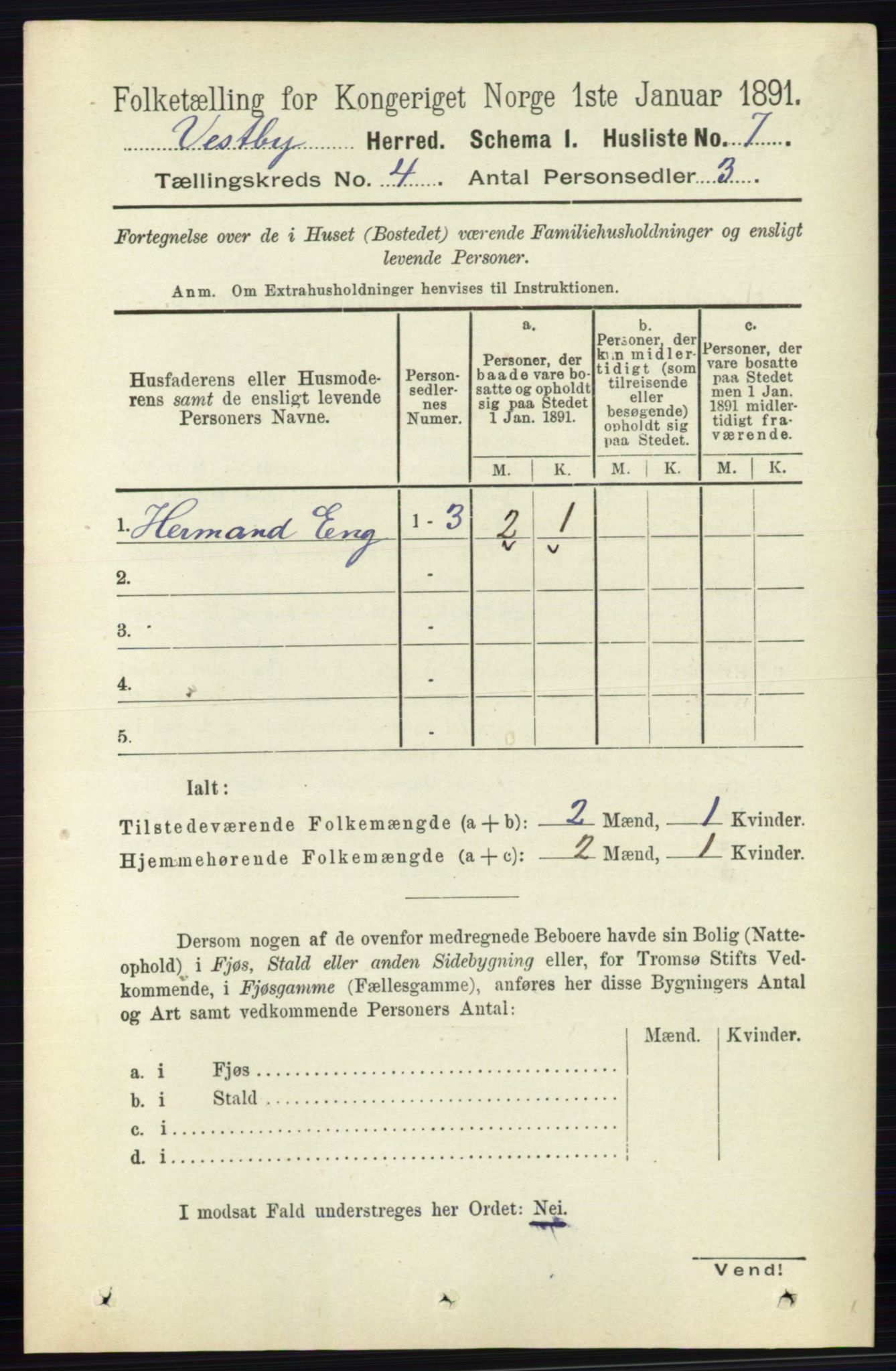 RA, 1891 census for 0211 Vestby, 1891, p. 1486