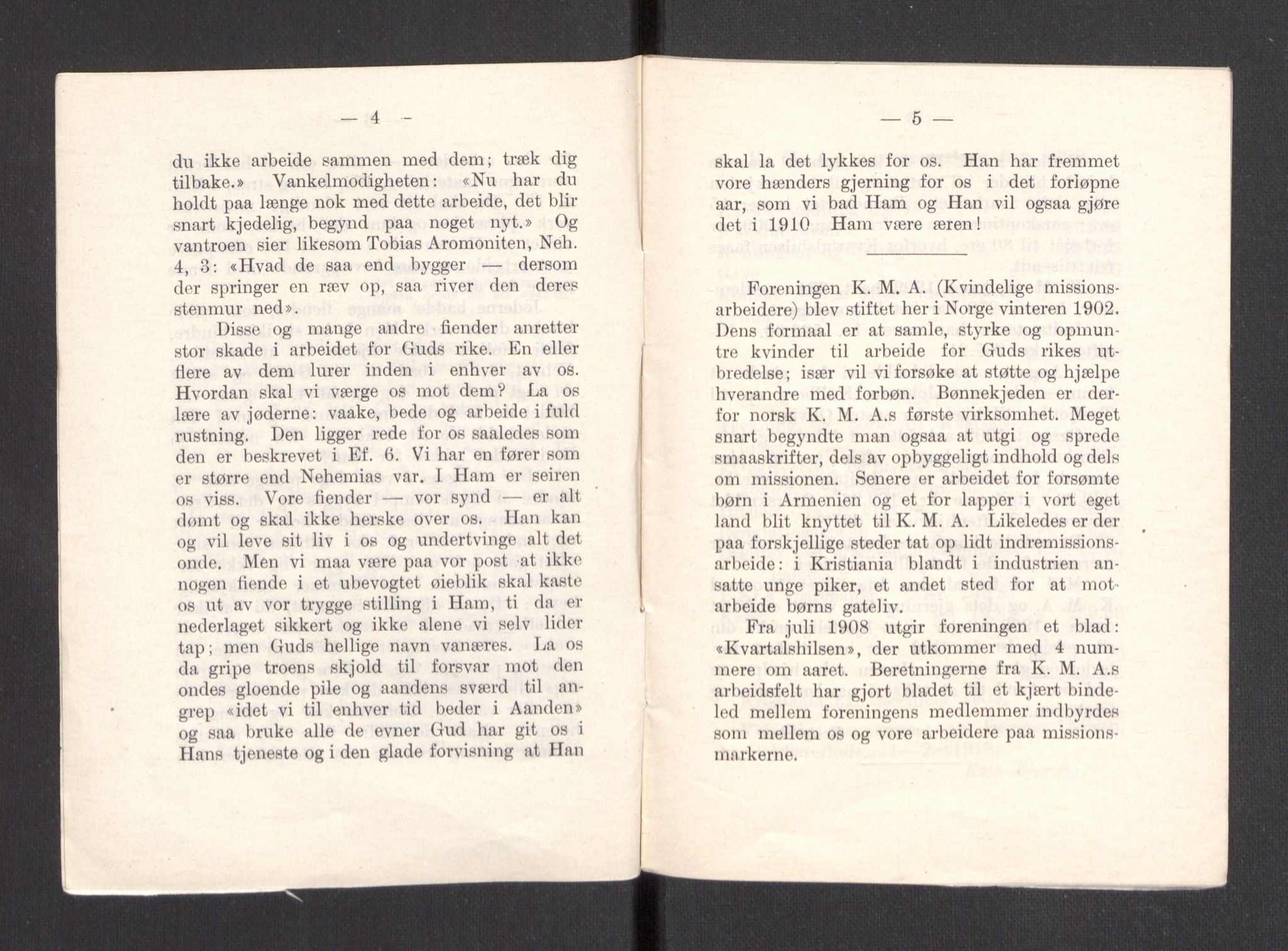 Kvinnelige Misjonsarbeidere, AV/RA-PA-0699/F/Fa/L0001/0007: -- / Årsmeldinger, trykte, 1906-1915