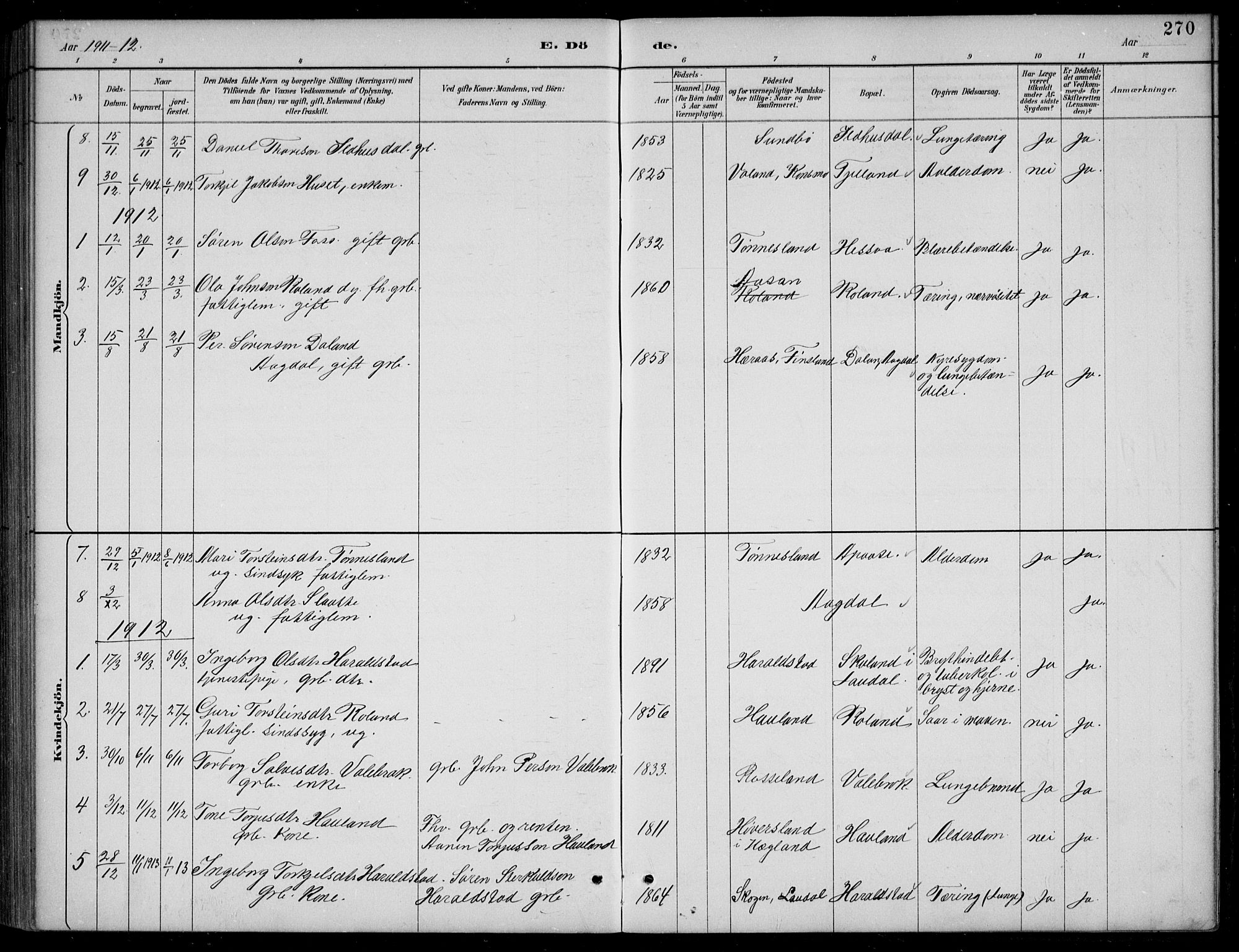 Bjelland sokneprestkontor, SAK/1111-0005/F/Fb/Fba/L0005: Parish register (copy) no. B 5, 1887-1923, p. 270