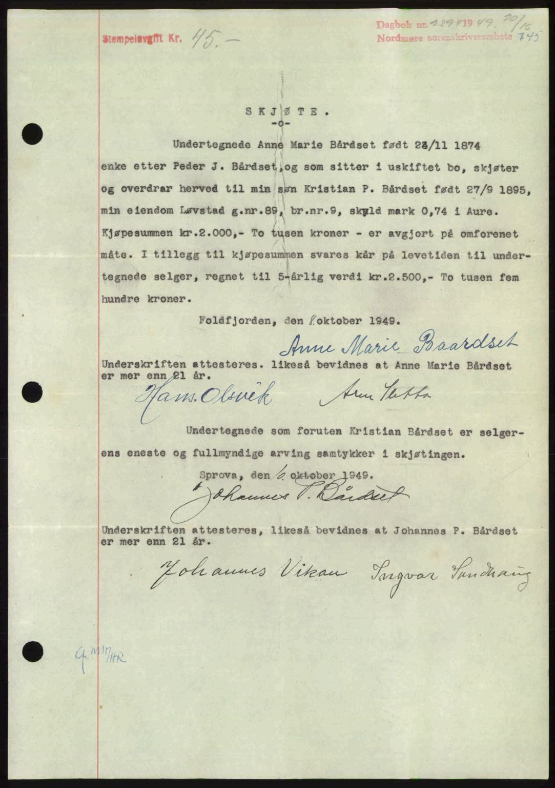 Nordmøre sorenskriveri, AV/SAT-A-4132/1/2/2Ca: Mortgage book no. A112, 1949-1949, Diary no: : 2894/1949