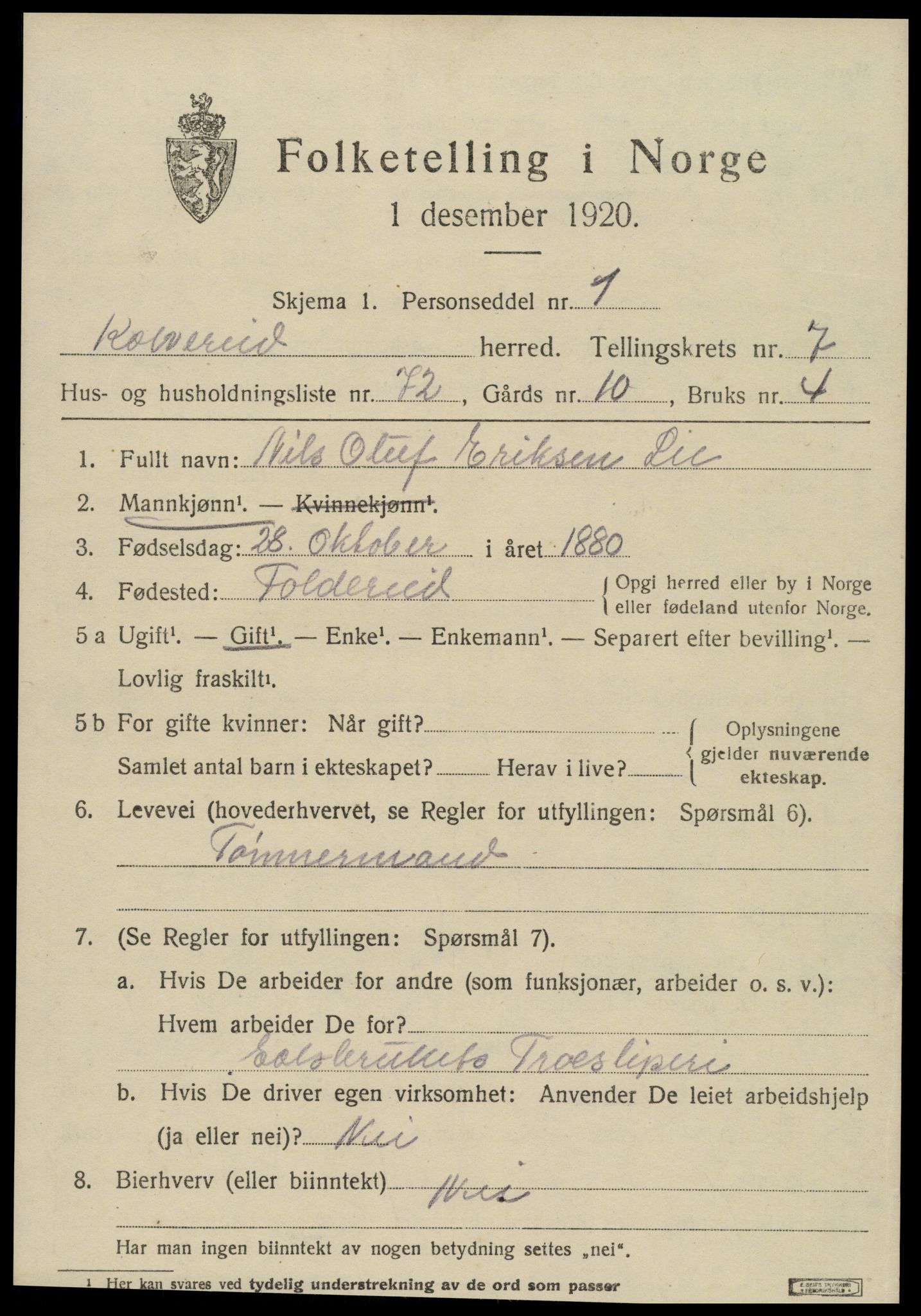 SAT, 1920 census for Kolvereid, 1920, p. 4735