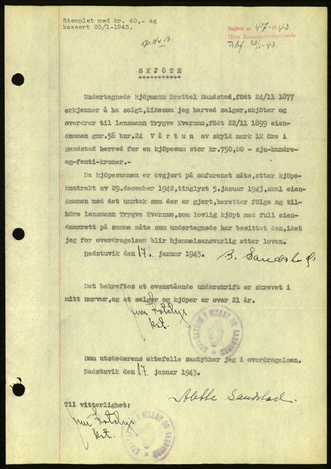 Hitra sorenskriveri, AV/SAT-A-0018/2/2C/2Ca: Mortgage book no. A2, 1943-1945, Diary no: : 47/1943