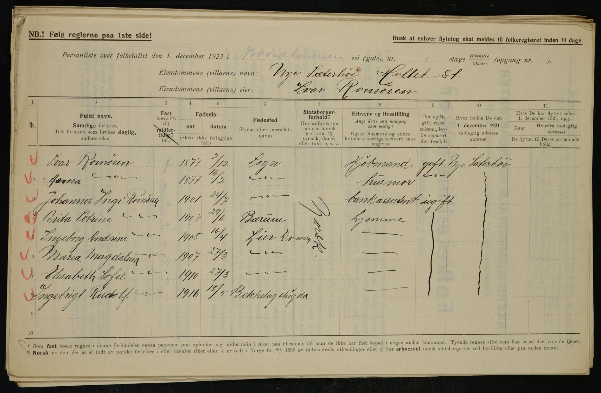 , Municipal Census 1923 for Aker, 1923, p. 43978