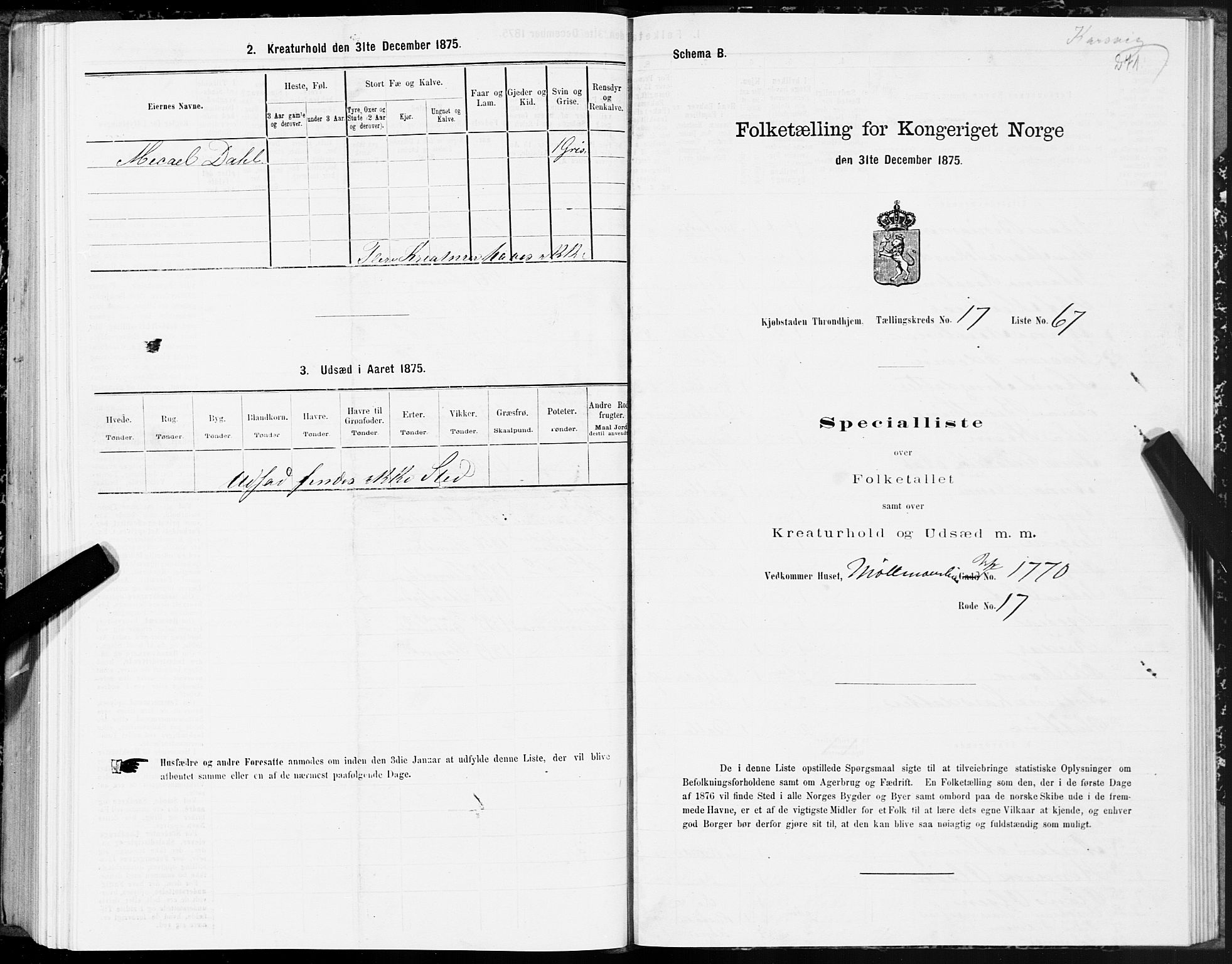 SAT, 1875 census for 1601 Trondheim, 1875, p. 9271