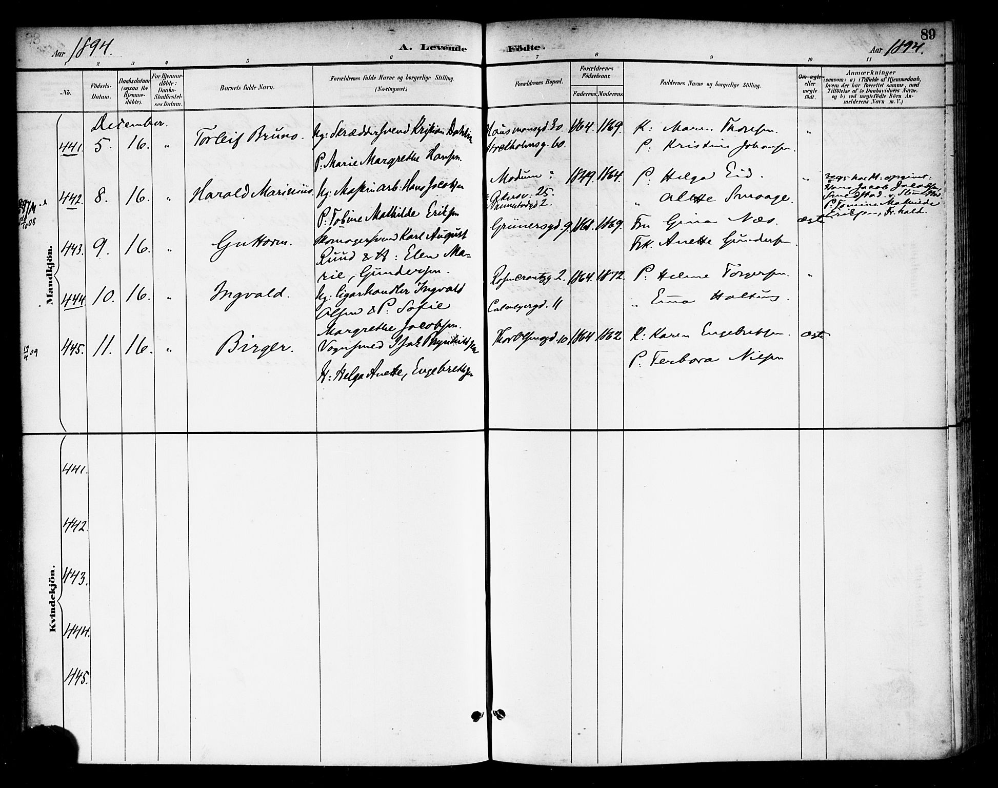 Rikshospitalet prestekontor Kirkebøker, AV/SAO-A-10309b/F/L0009: Parish register (official) no. 9, 1894-1897, p. 89