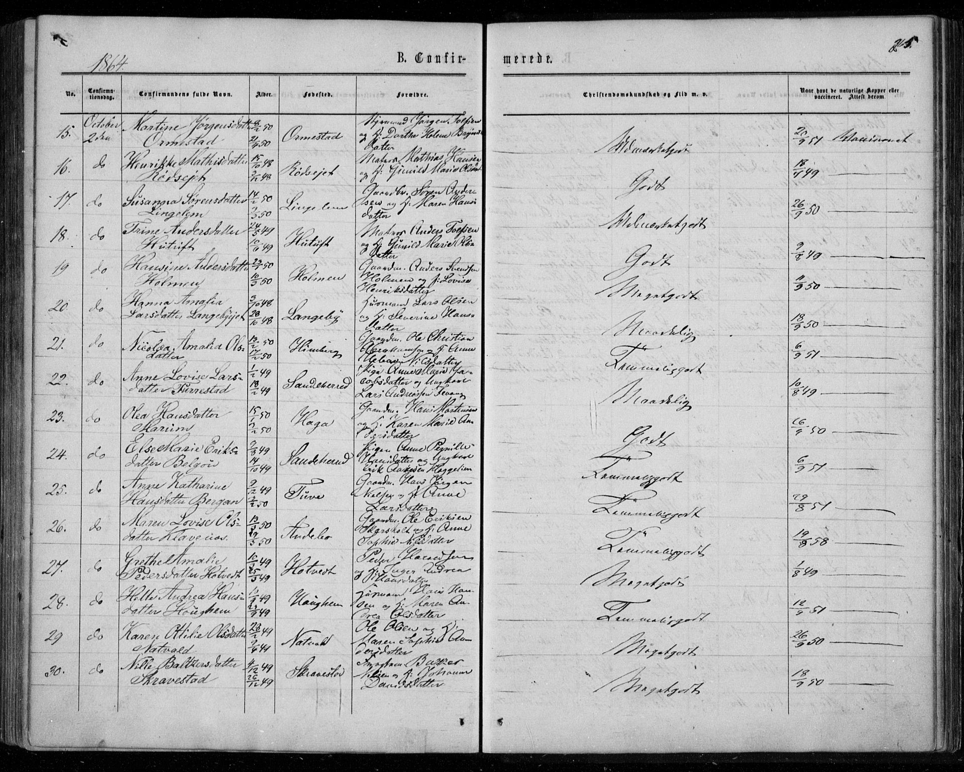 Sandar kirkebøker, AV/SAKO-A-243/F/Fa/L0008: Parish register (official) no. 8, 1862-1871, p. 265