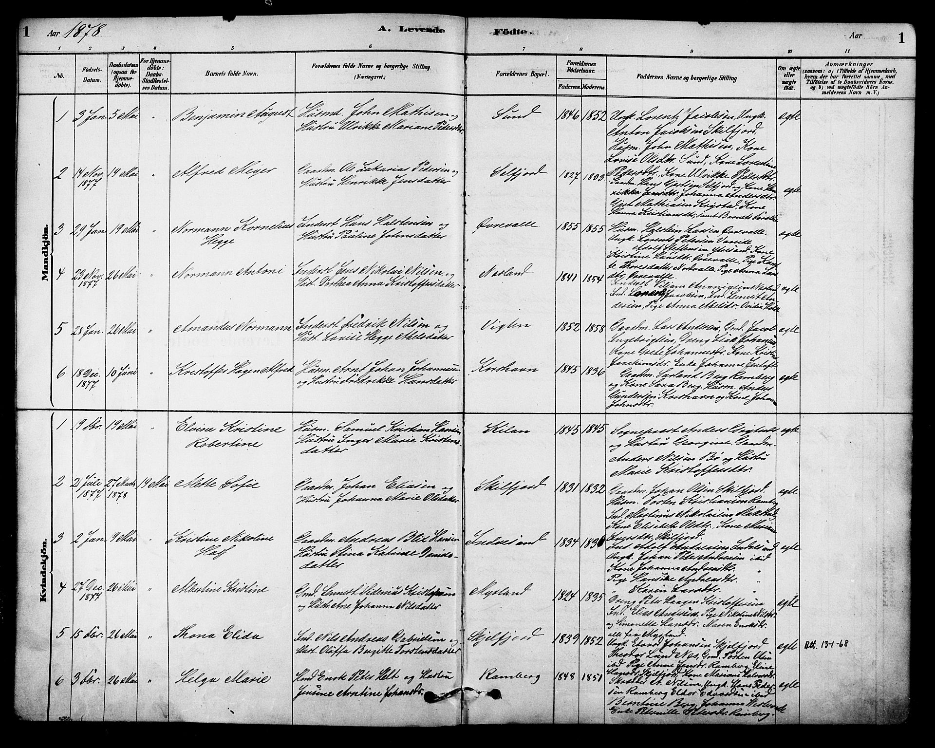 Ministerialprotokoller, klokkerbøker og fødselsregistre - Nordland, AV/SAT-A-1459/885/L1204: Parish register (official) no. 885A05, 1878-1892, p. 1