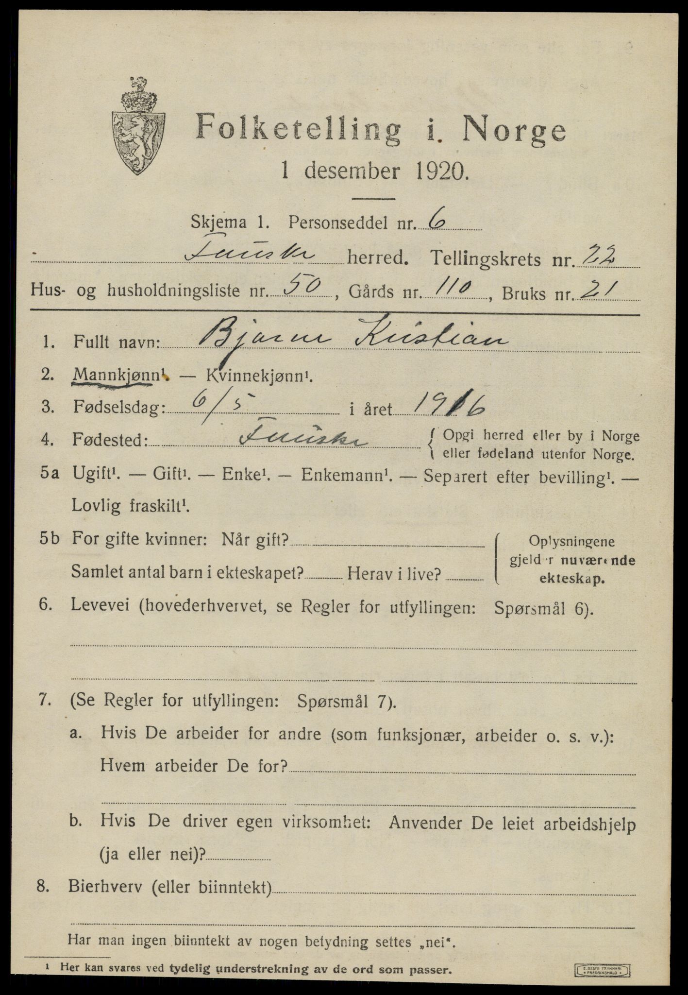 SAT, 1920 census for Fauske, 1920, p. 14166