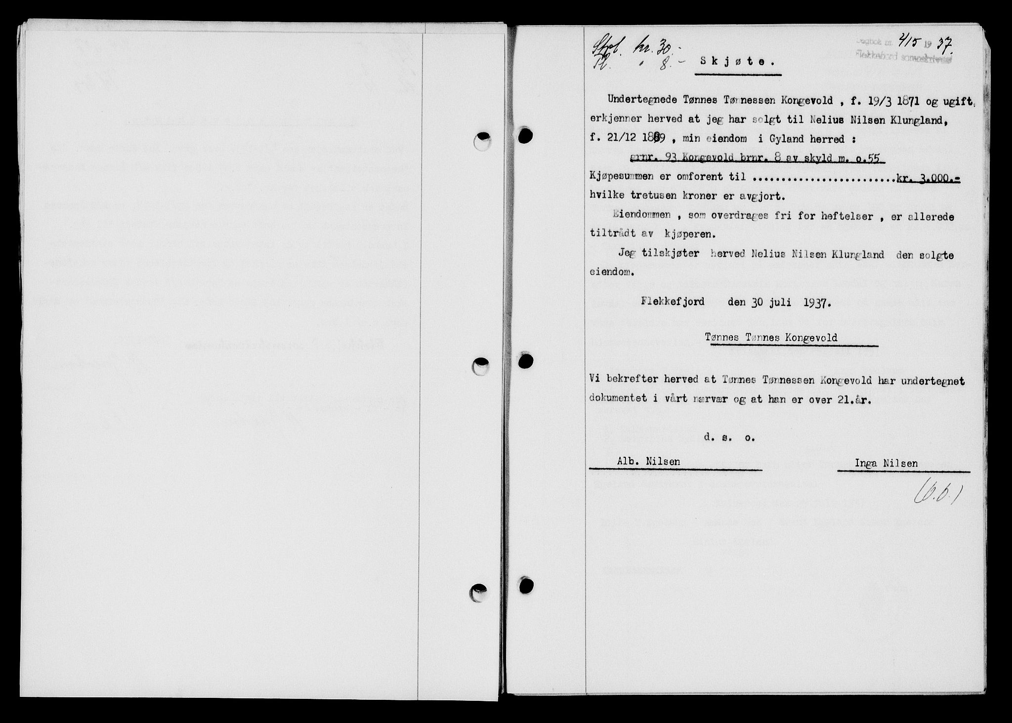 Flekkefjord sorenskriveri, SAK/1221-0001/G/Gb/Gba/L0053: Mortgage book no. A-1, 1936-1937, Diary no: : 415/1937