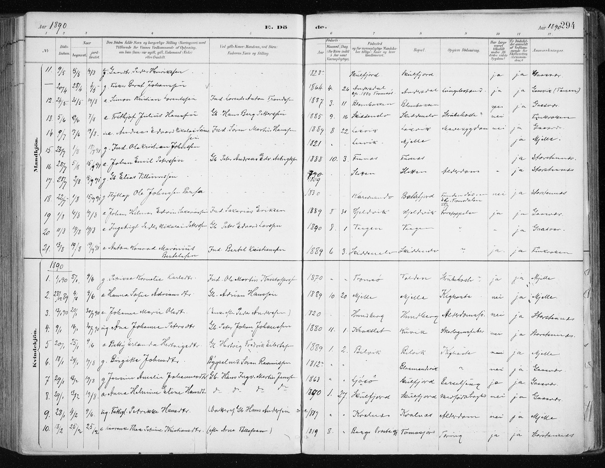 Tromsøysund sokneprestkontor, SATØ/S-1304/G/Ga/L0005kirke: Parish register (official) no. 5, 1888-1896, p. 294