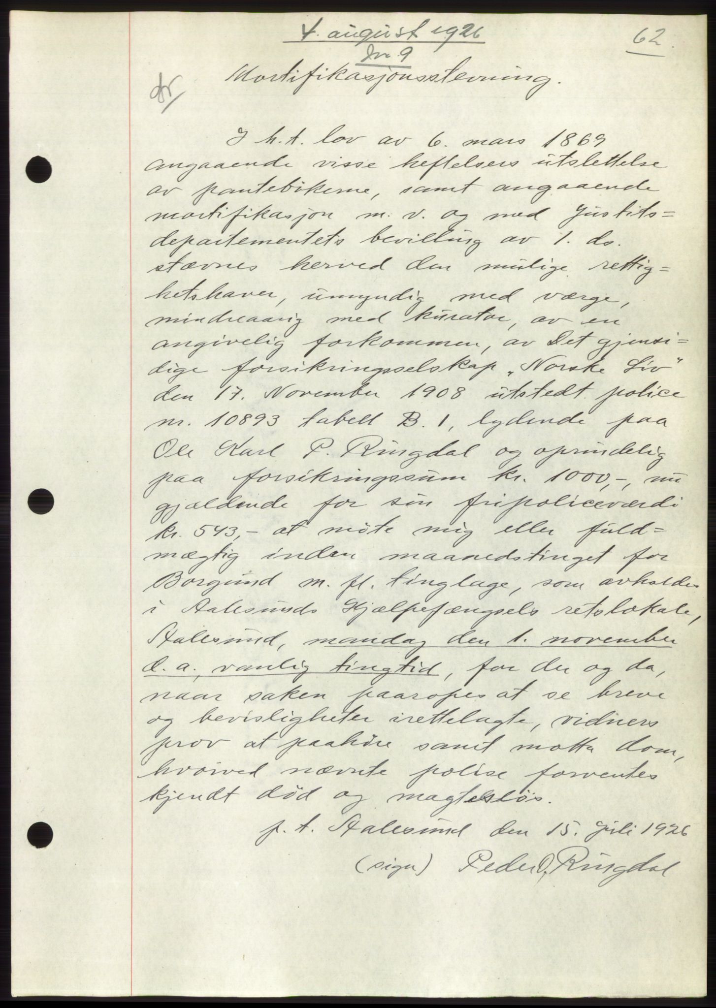 Nordre Sunnmøre sorenskriveri, AV/SAT-A-0006/1/2/2C/2Ca/L0035: Mortgage book no. 37, 1926-1926, Deed date: 04.08.1926