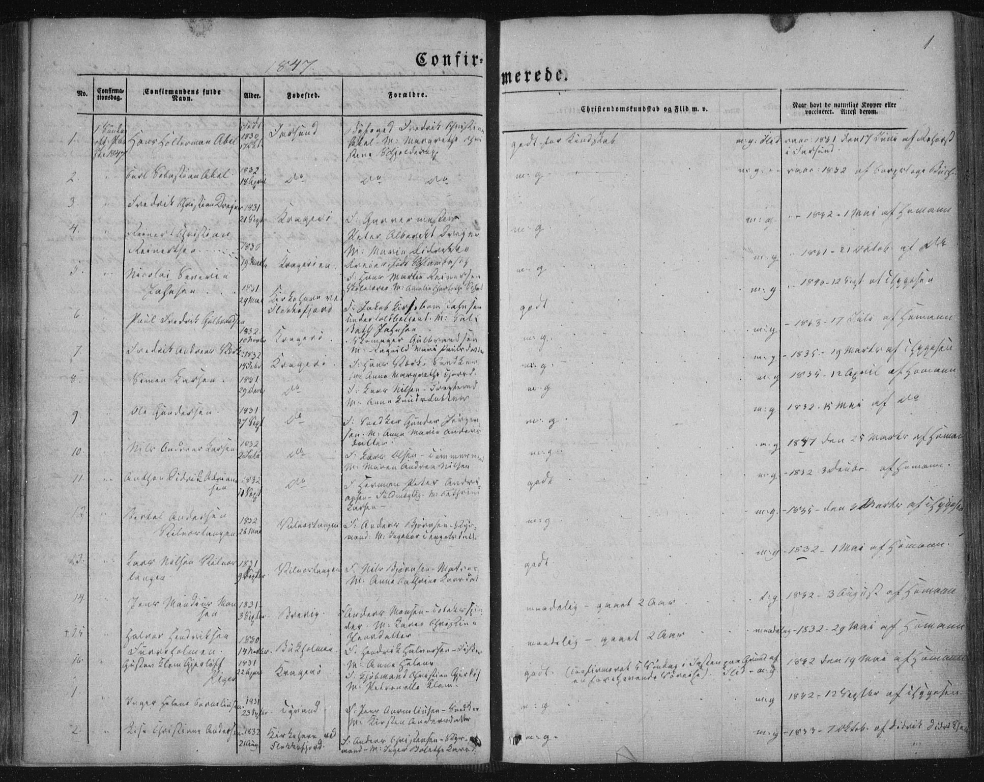 Kragerø kirkebøker, AV/SAKO-A-278/F/Fa/L0006: Parish register (official) no. 6, 1847-1861, p. 1